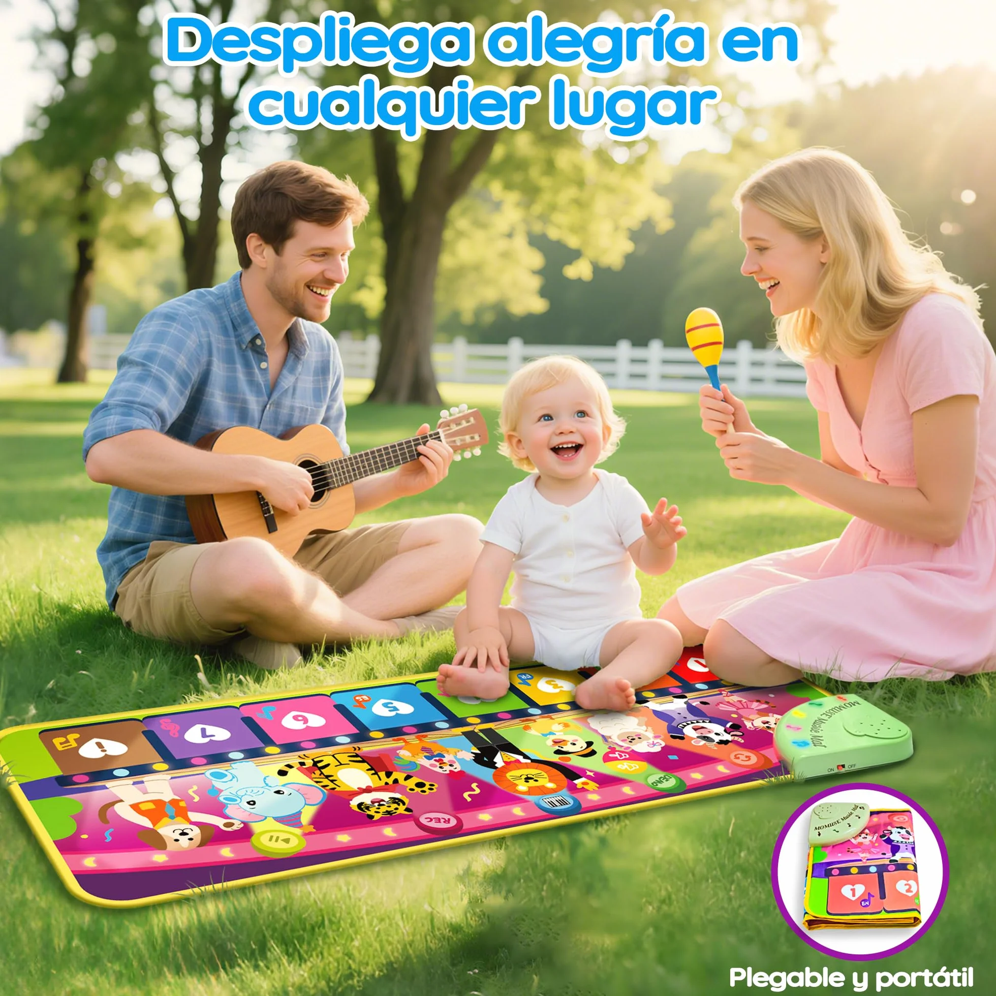 MOMUSE Alfombra Musical 5 Idiomas (ES/DE/FR/IT/EN), Juguetes Niños 1 Año, Piano Infantil Multilingüe con 9 Animales, Portátil, Ligero, Regalo Na-vidad/Cumpleaños para Bebe Niñas Niños 1 2 3 4 Años