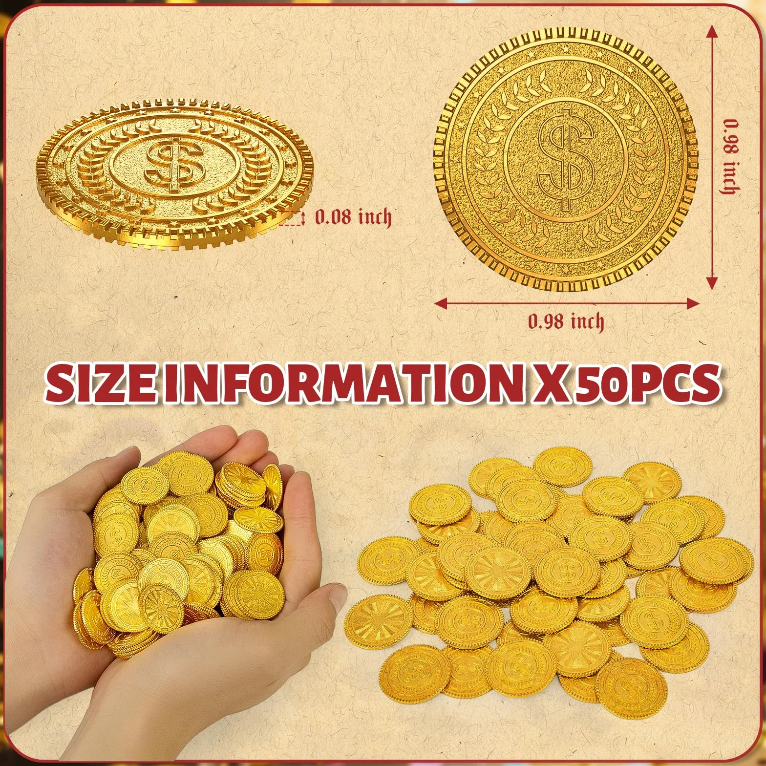 Byhoo 50 Monedas de Oro de Metal, DND, Monedas Piratas, Herramienta de Alivio del estrés, con Bolsa de cordón de Terciopelo para Juegos de Mesa, Juegos de rol, Caza de Tesoros, Piratas, Aventuras