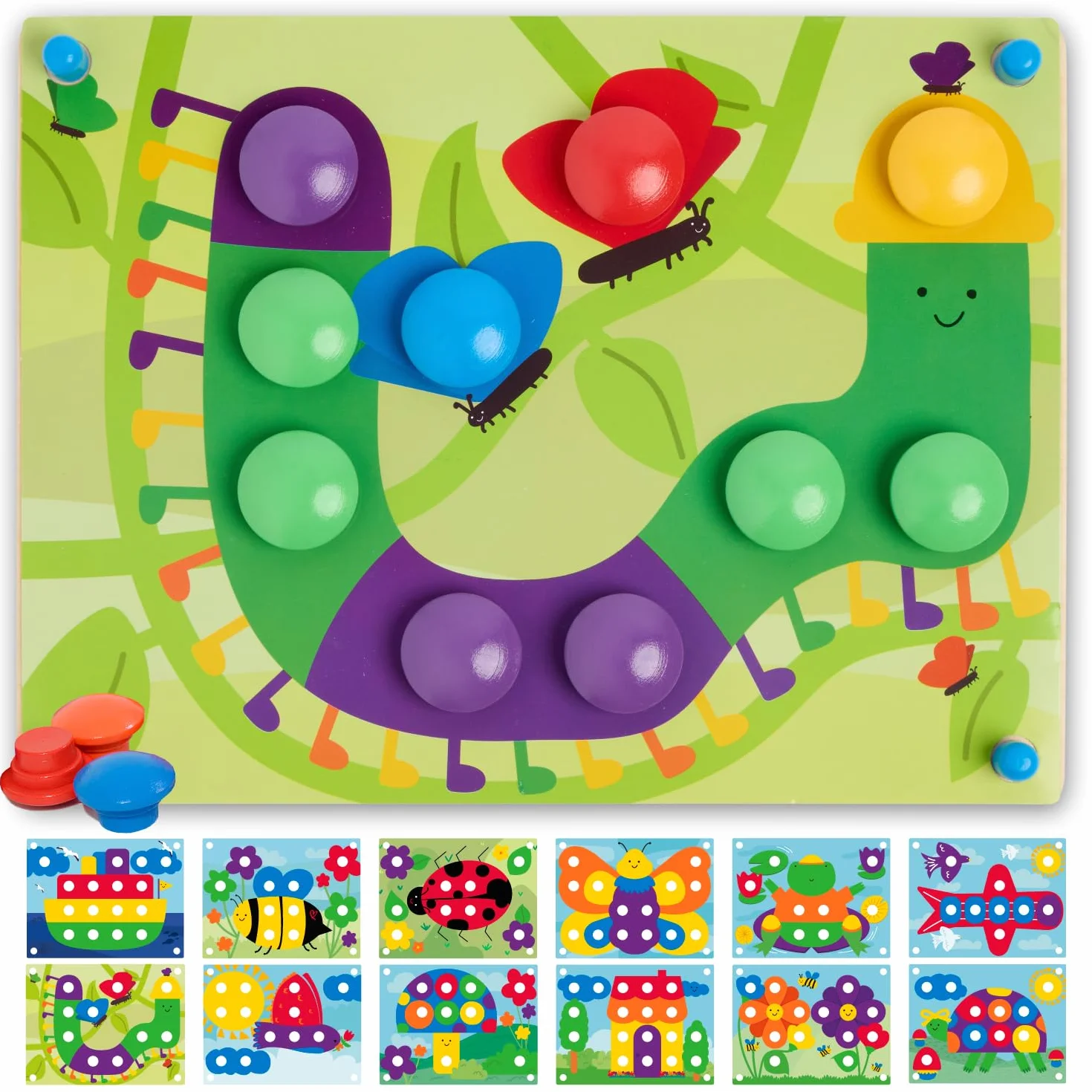 Nene Toys Puzzle de Madera para Niños 2+ Años – Juguete Montessori con Botones de Colores y Tarjetas – Mosaico Educativo Infantil para Motricidad Fina – Regalo Niño Niña 2 3 Años - Juego Didáctico