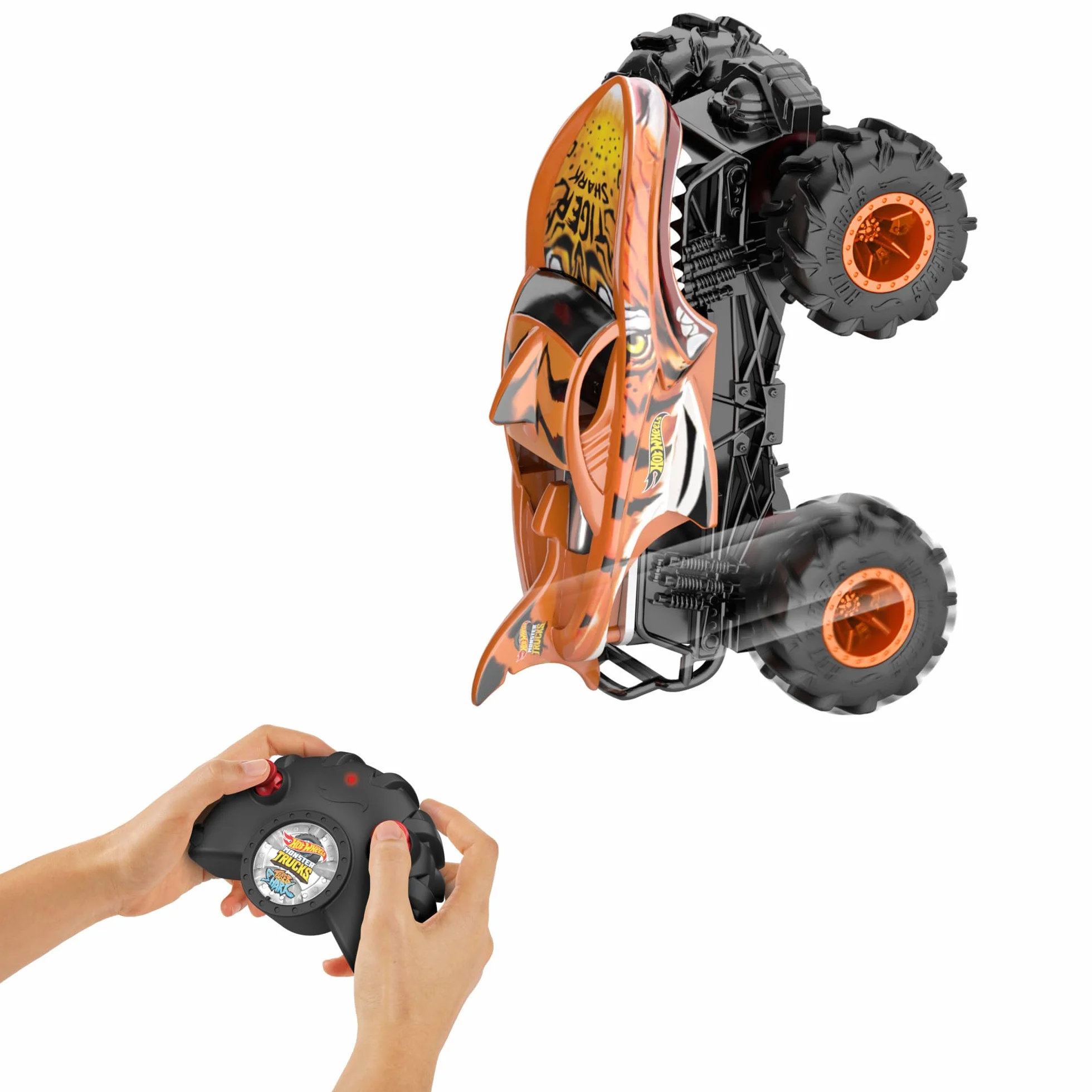 Hot Wheels Monster Trucks Coche Teledirigido, HW Tiger Shark RC, Coche de juguete todoterreno con mando radio control con alcance de 30 metros, escala 1:24, regalo para niños y niñas +4 años, HNV03