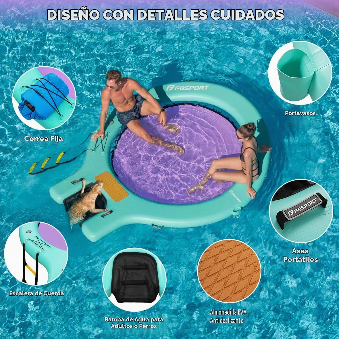 Sunchill Float Platform 240 cm Plataforma Flotante Hinchable para 3-5 Personas con Rampa para Perros, Muelle Tipo Anillo, Hamaca Acuática, Isla Flotante con Escalera, Piscina, Playa y Océano