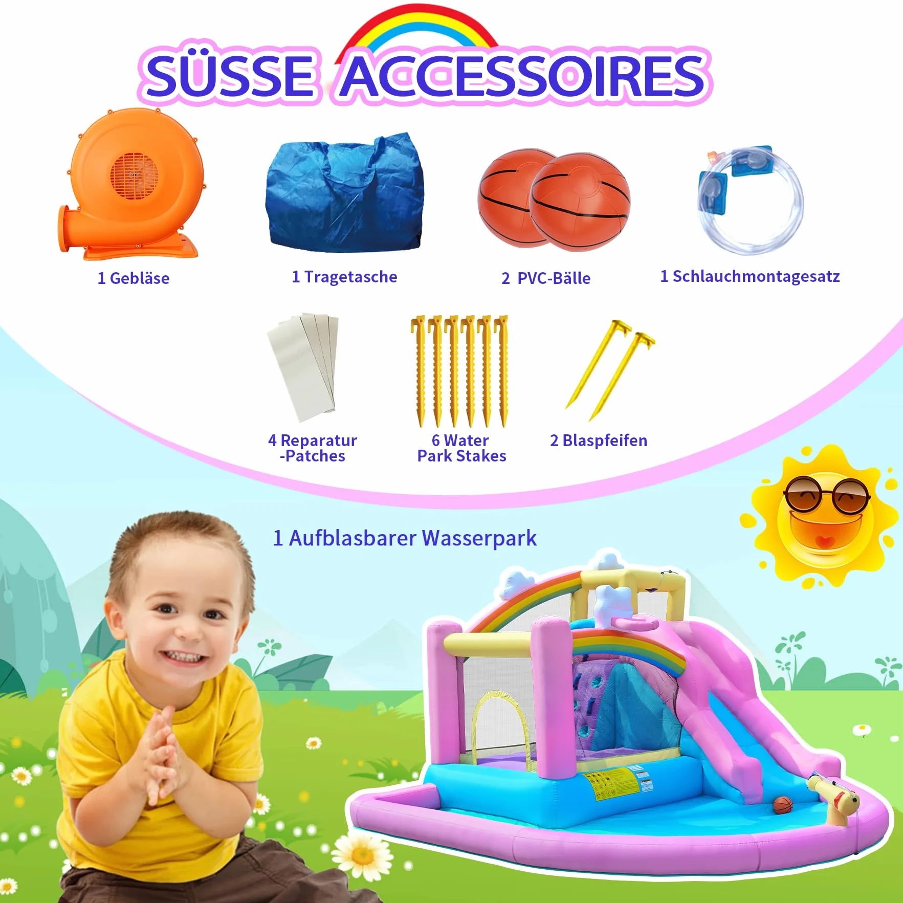 Castillo hinchable hinchable con tobogán de agua, pared de escalada, canasta de baloncesto y piscina infantil, incluye soplador, exterior para niños, ideal para jardín, 365 x 390 x 238 cm