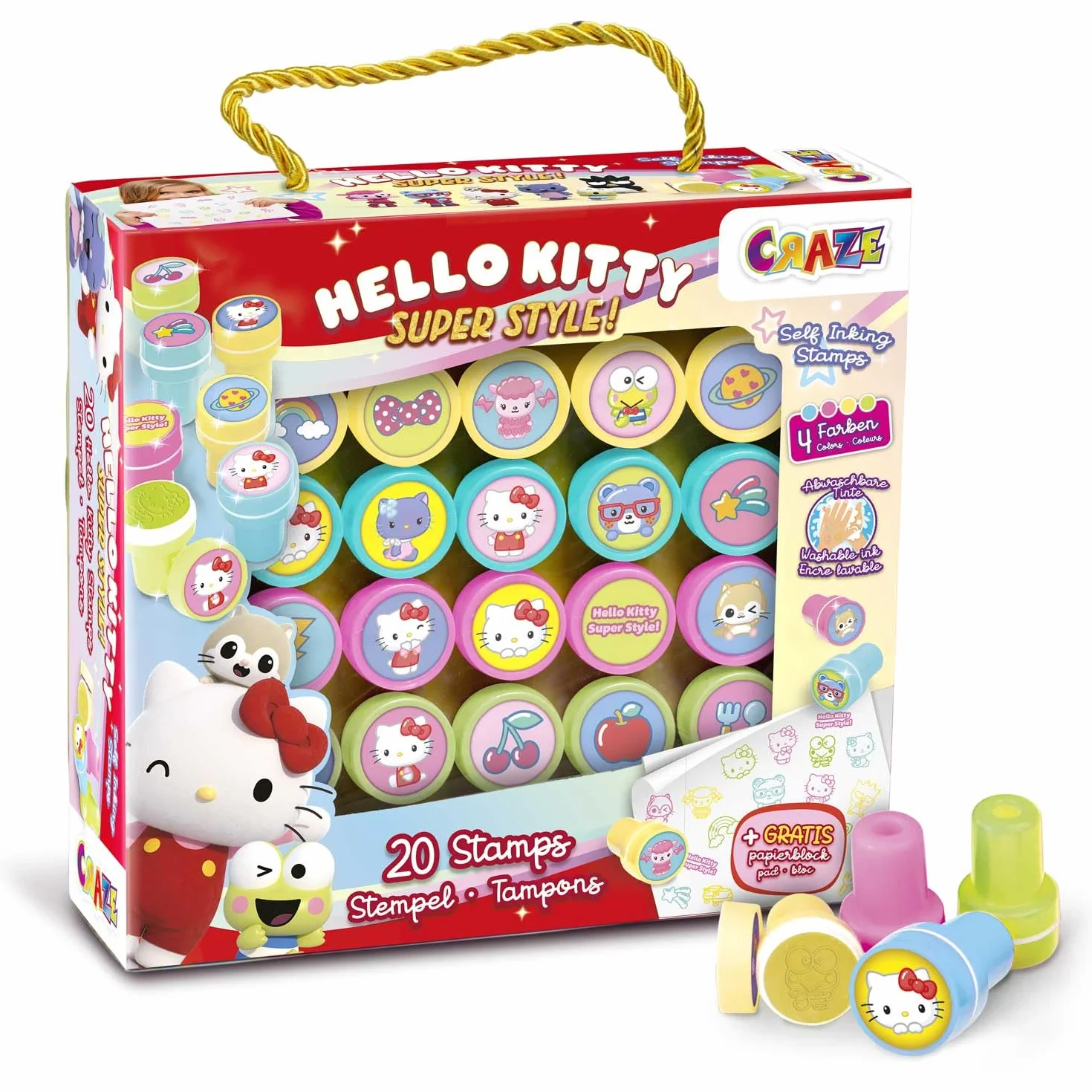 CRAZE 20 Sellos de Goma de Hello Kitty para Niños, Sellos Infantiles de 4 Colores, Incluye Bloc de Notas para Pintar, Tinta Lavable