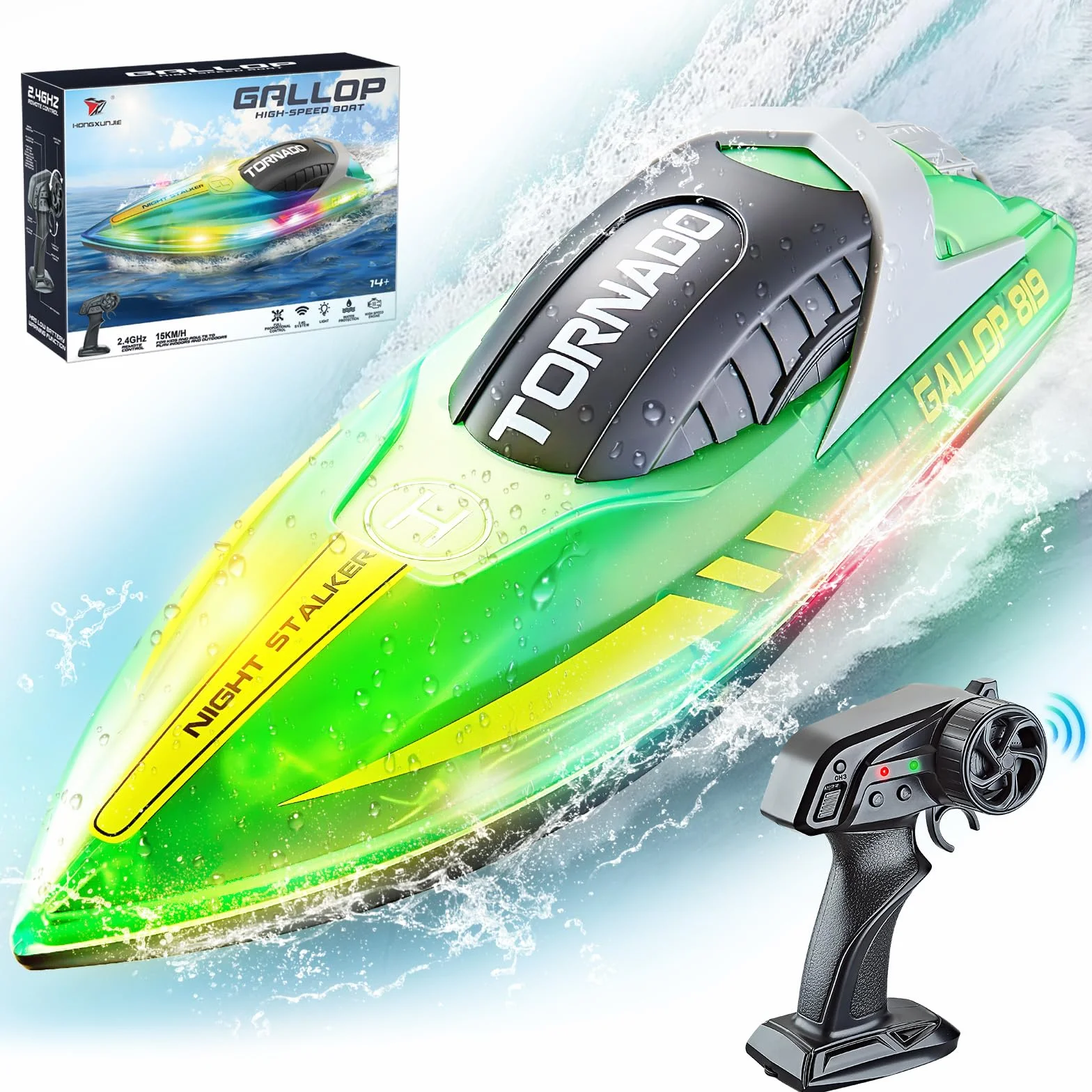 JONRRYIN Barco Teledirigido, 2.4GHz Barcos Teledirigidos con Luces LED y Alarma de Batería Baja, Barcos RC Regalo para Niños y Adultos (Green)