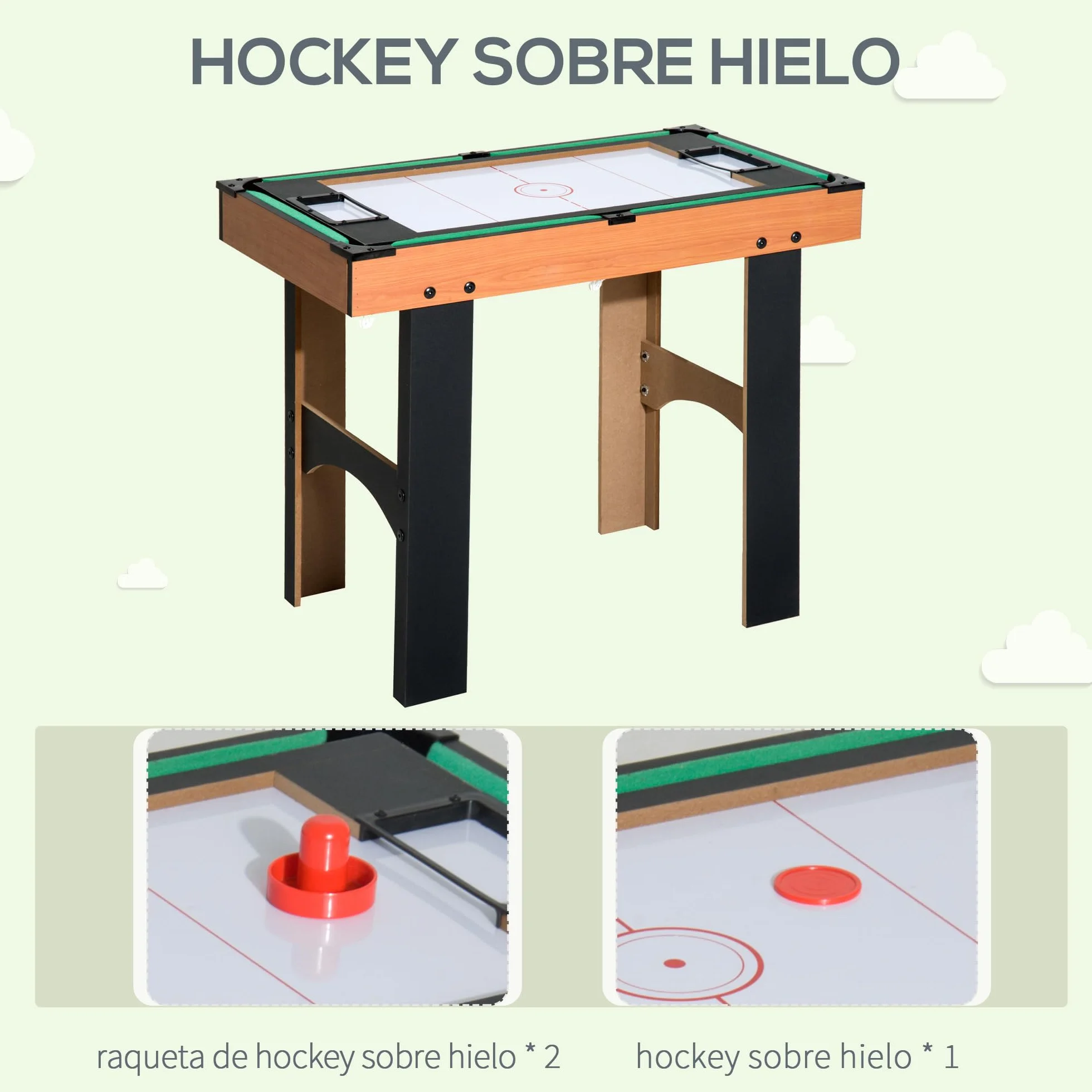HOMCOM Mesa Multijuegos 4 en 1 para Niños +6 Años Mesa de Juego con Futbolines, Mesita de Billar y Ping-Pong 92x78x80 cm Natural y Negro