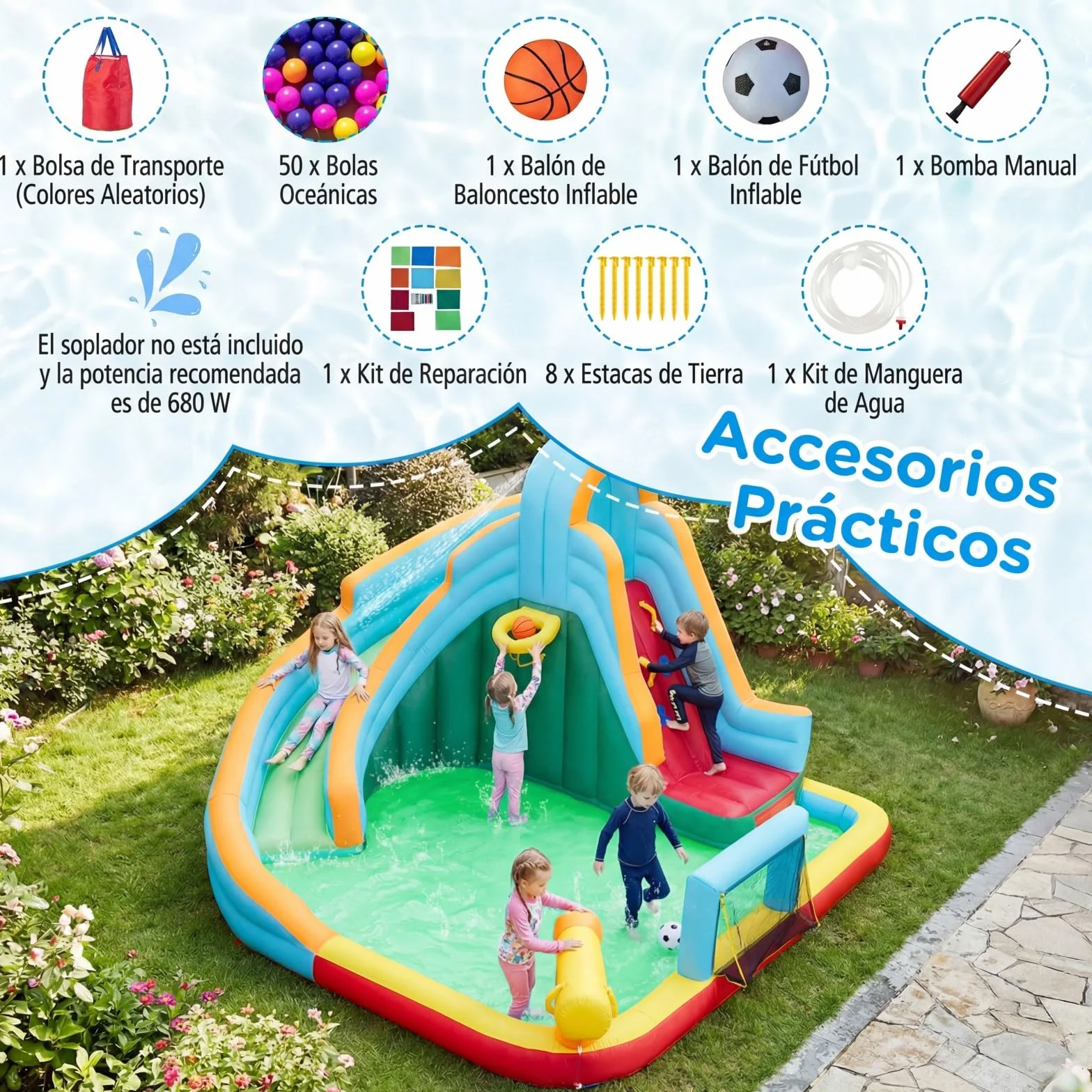 COSTWAY Castillo Hinchable Niños con Tobogán AcuáTico, Parque Infantil Inflable con Bolas Oceánicas, Fútbol, Baloncesto, Muro de Escalada, Aro, Portería y Cañón de Agua para 3 a 12 Años (Sin Soplador)