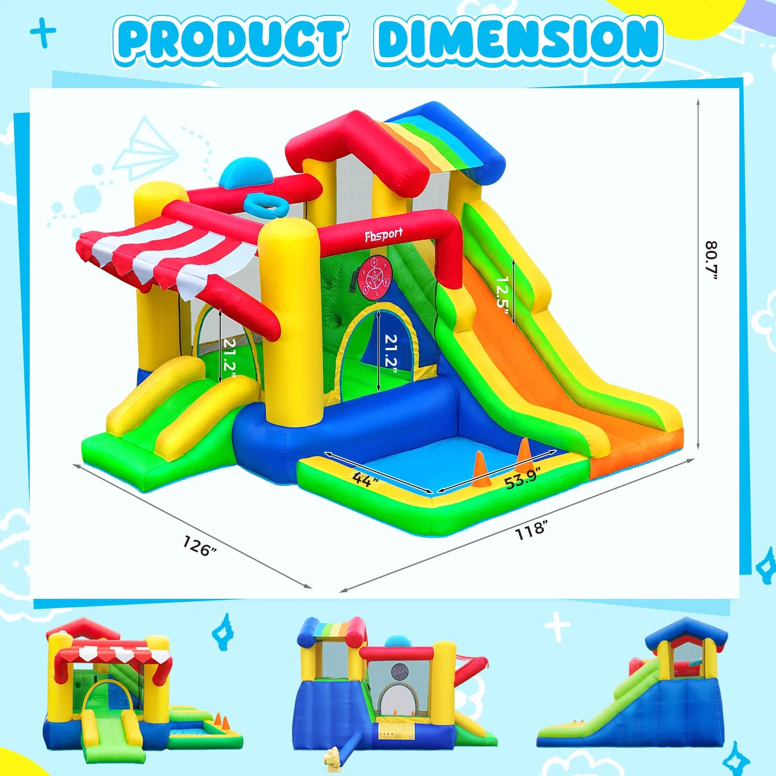 FBSPORT Castillo Hinchable para Niños con Doble Tobogán, Trampolín, Piscina de Bolas, Lanzamiento de Bolas, Muro de Escalada y Canasta de Baloncesto, para Jardín Interior Exterior, 322×305×208 cm