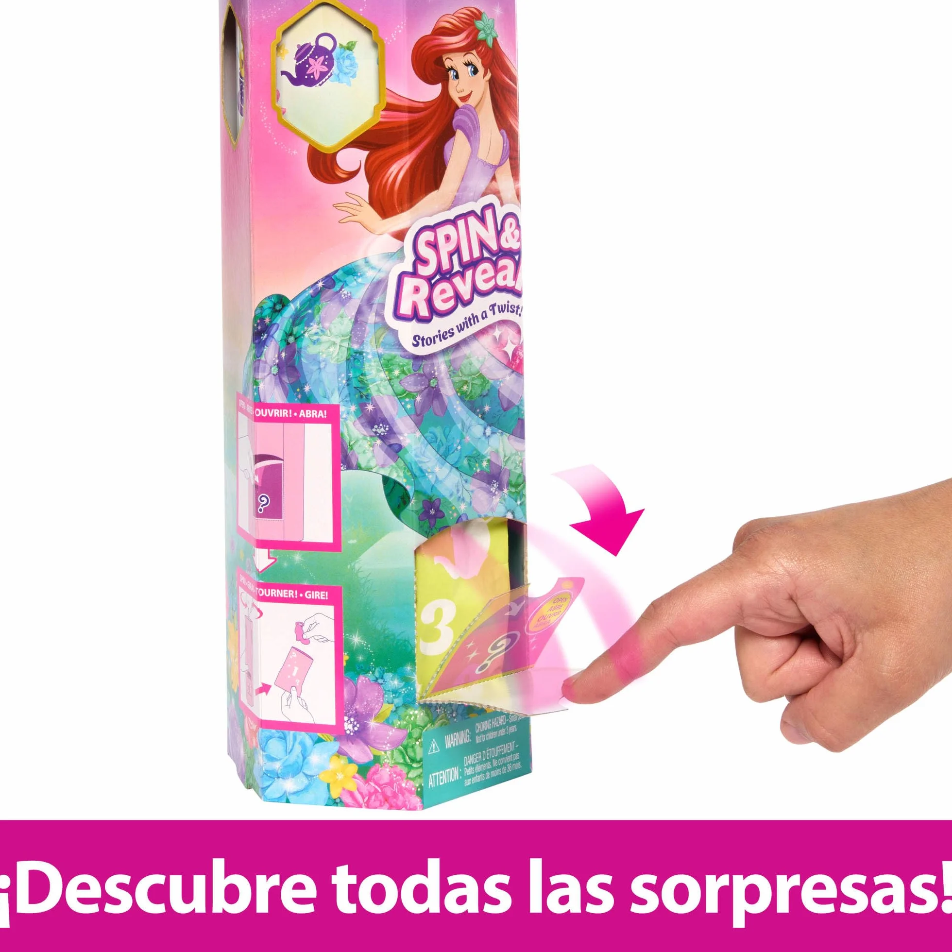 Mattel Disney Princess Spin & Reveal Ariel, Muñeca princesa con falda de flores, incluye 11 sorpresas como 5 accesorios y 5 pegatinas, juguete regalo para niños y niñas +3 años, HTV88