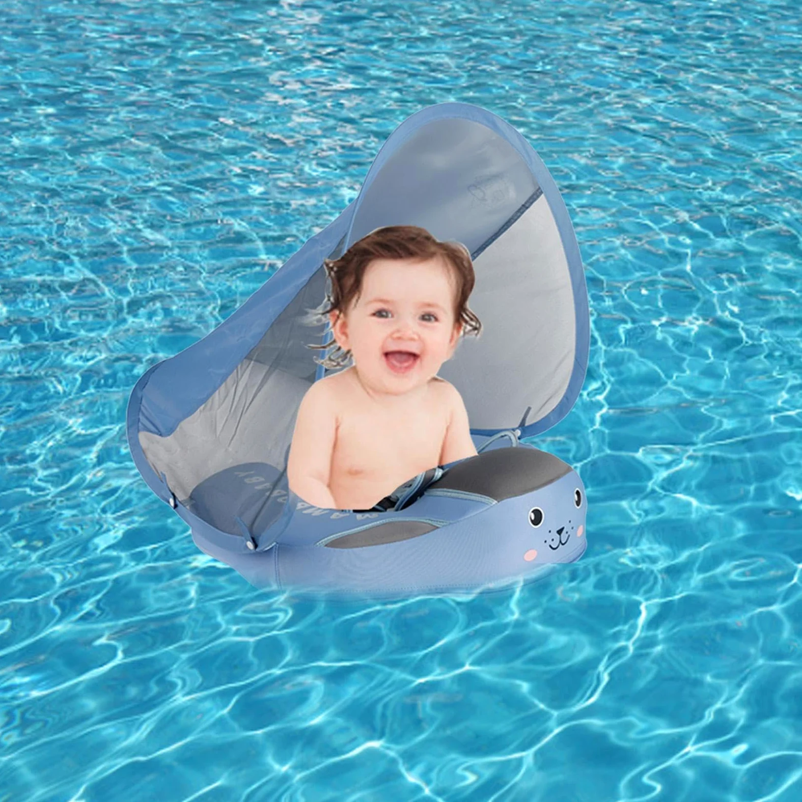 Ayuda de natación para bebé, anillo de natación para niños pequeños sin inflar, ayuda de natación antivuelco con protección solar para 3-24 meses, para vacaciones en la playa, viajes y baño al aire