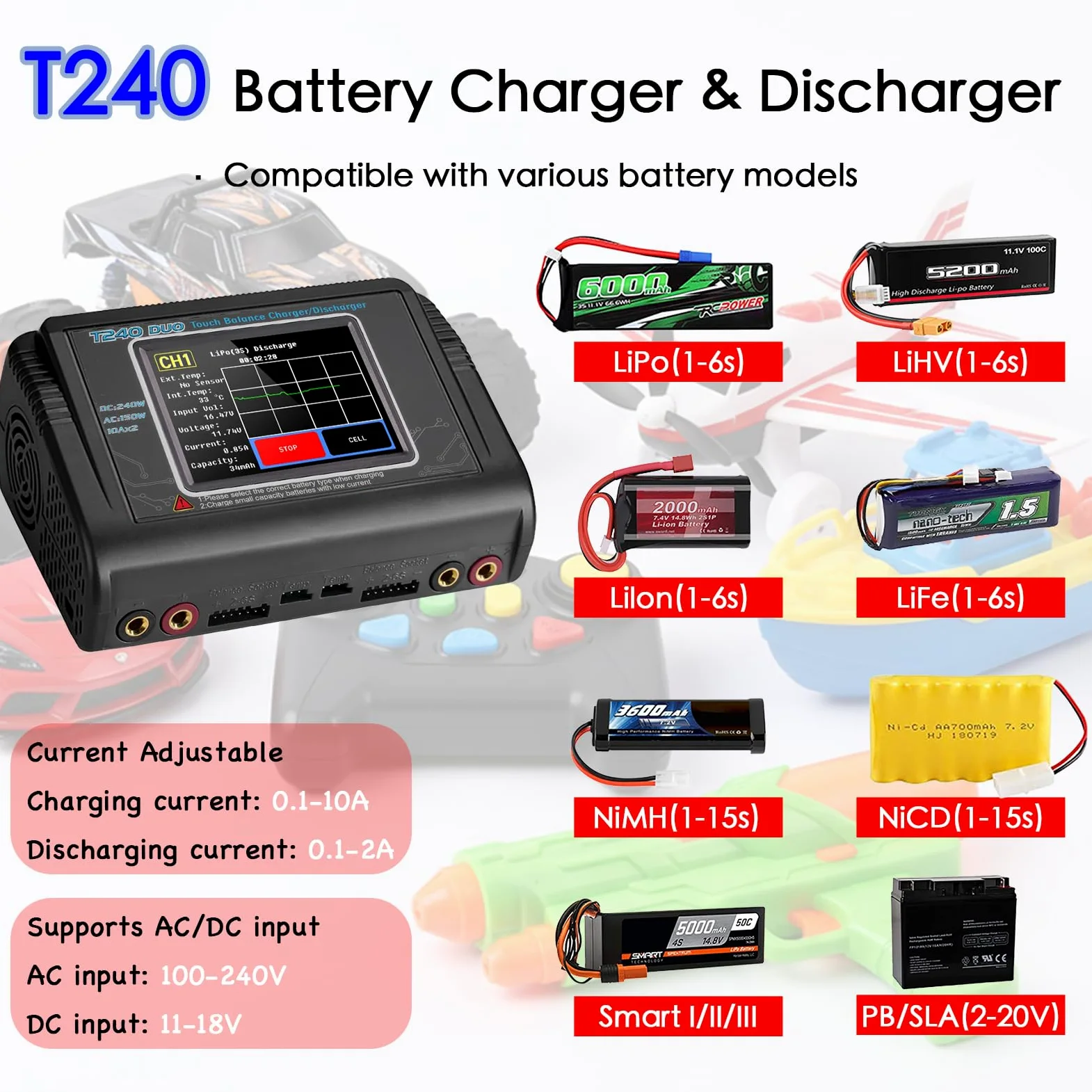 Cargador de batería T240 para LiPo/LiHV/LiFe/NiMH/NiCd, pantalla táctil grande de 3.2 pulgadas y doble puerto disponible, entrada CA/CC y corriente ajustable de 0.1-10 A