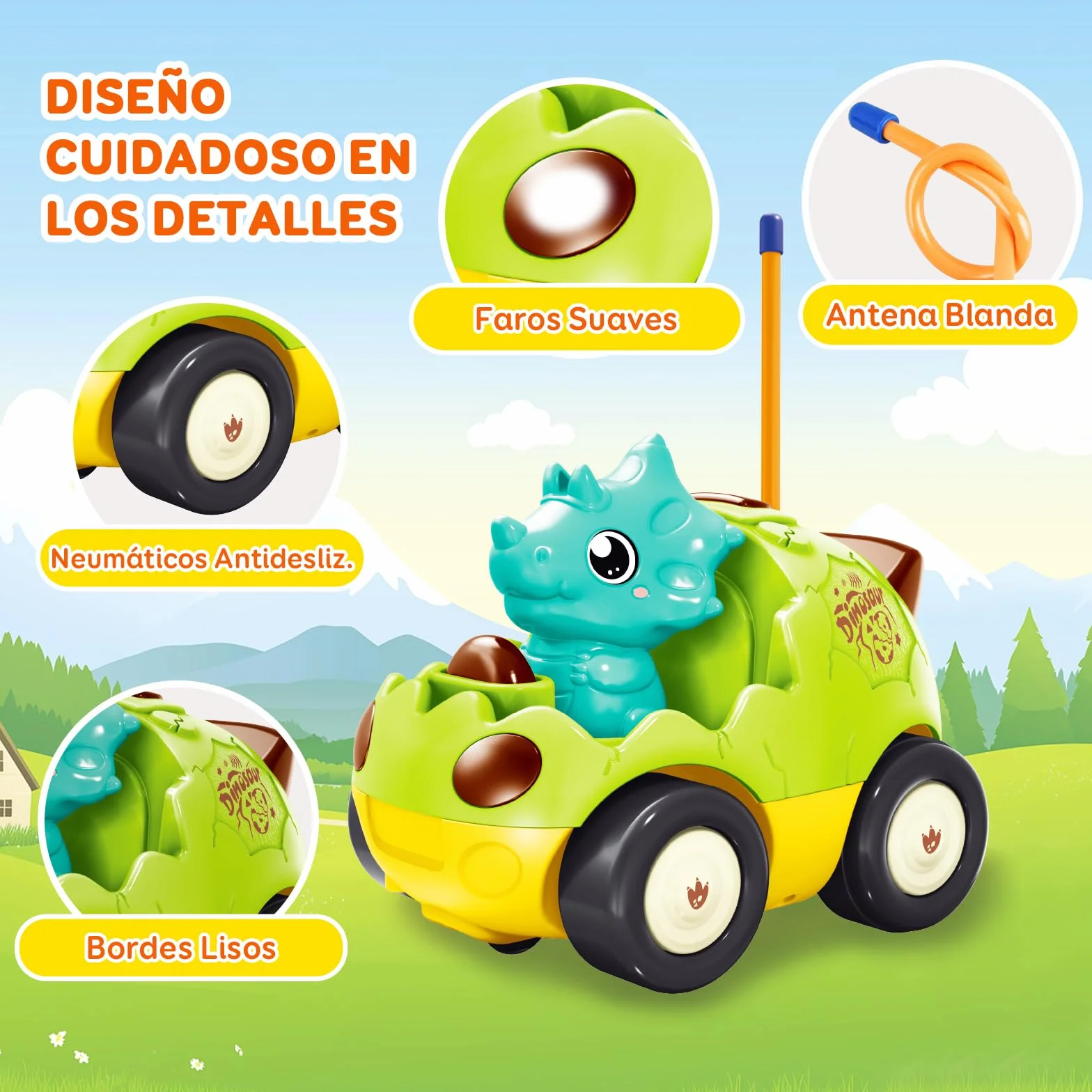 Coche de Dinosaurio RC para Niños Pequeños 18 Meses+ con Música y 2 Muñecas Intercambiables