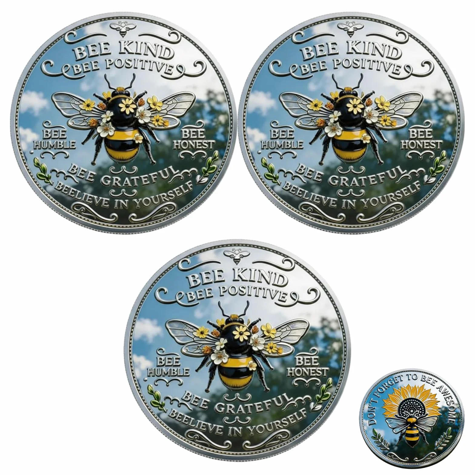 Moneda de positividad tipo abeja, ficha de abeja inspiradora de doble cara con diseño de girasol y laurel, moneda de desafío motivacional para la afirmación diaria (3pcs)