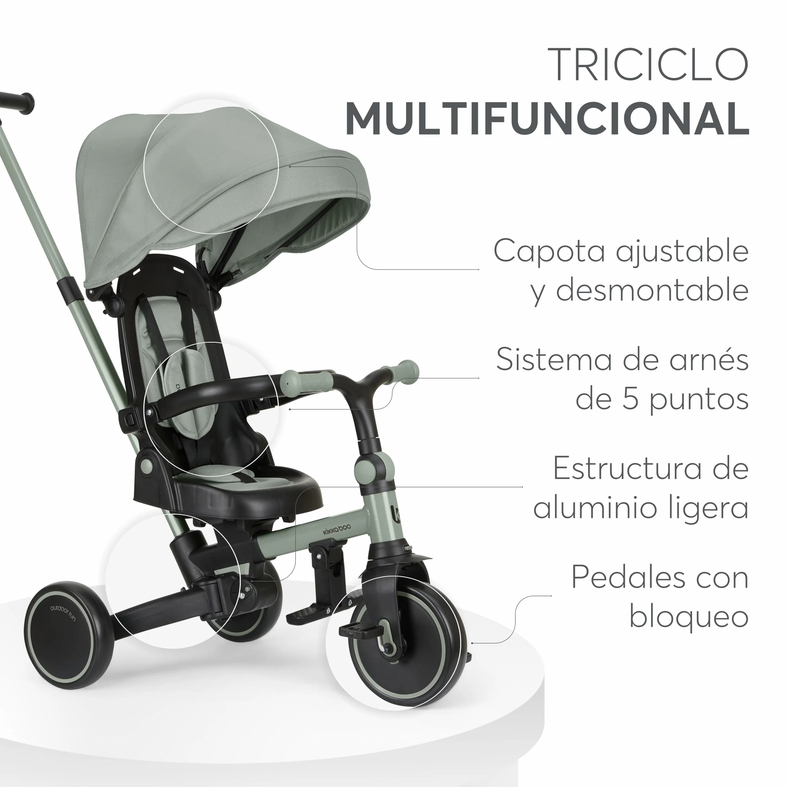 KikkaBoo Triciclo Evolutivo ALUMA 8 en 1, Triciclo Bebé Plegable con Manillar Padres, Asiento Reversible, Capota Ajustable, Arnés 5 Puntos, Marco Aluminio, Verde
