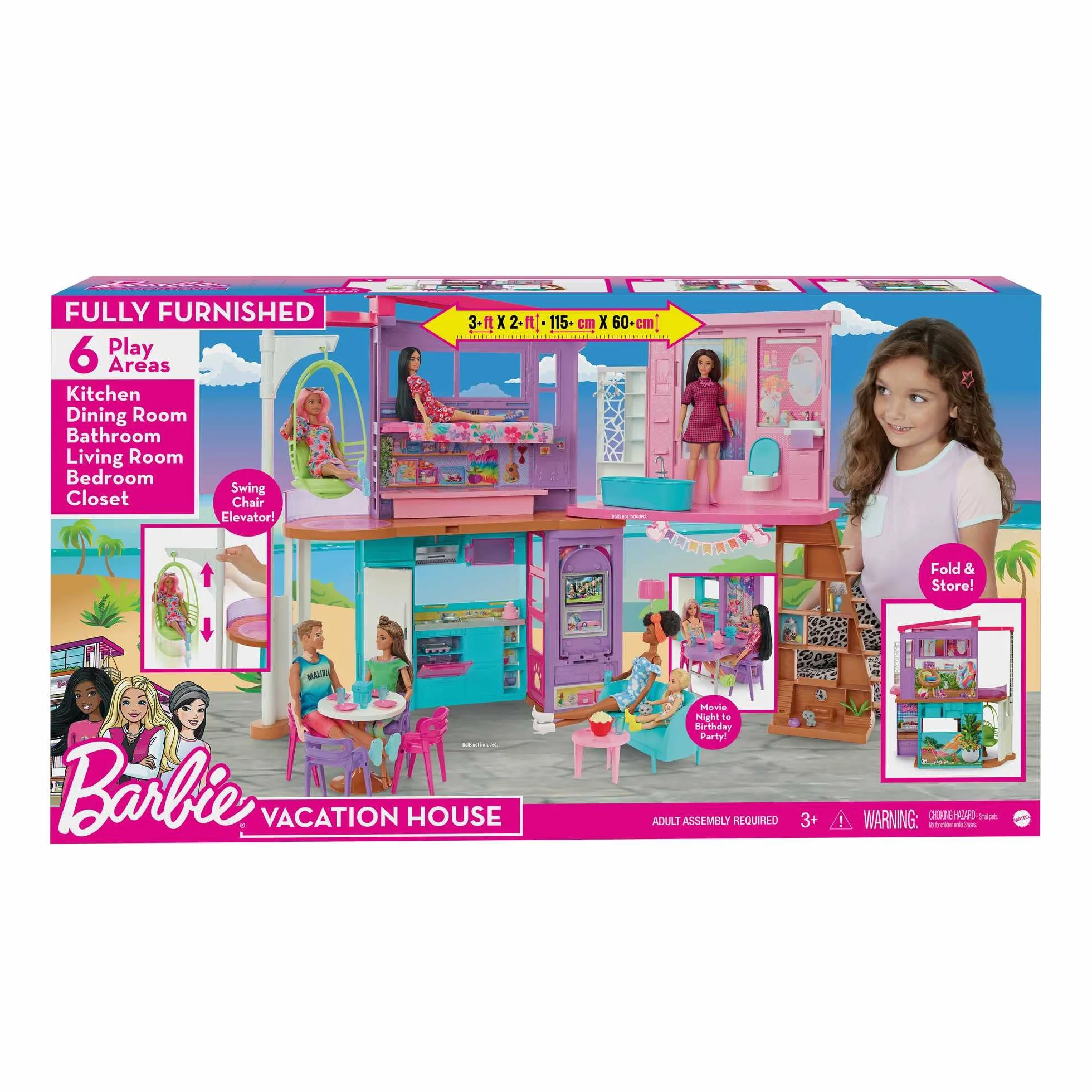 Barbie Casa Malibú Casa de muñecas plegable 2 pisos con 6 habitaciones y muebles, incluye 30 accesorios, juguete de regalo +3 años (Mattel HCD50)