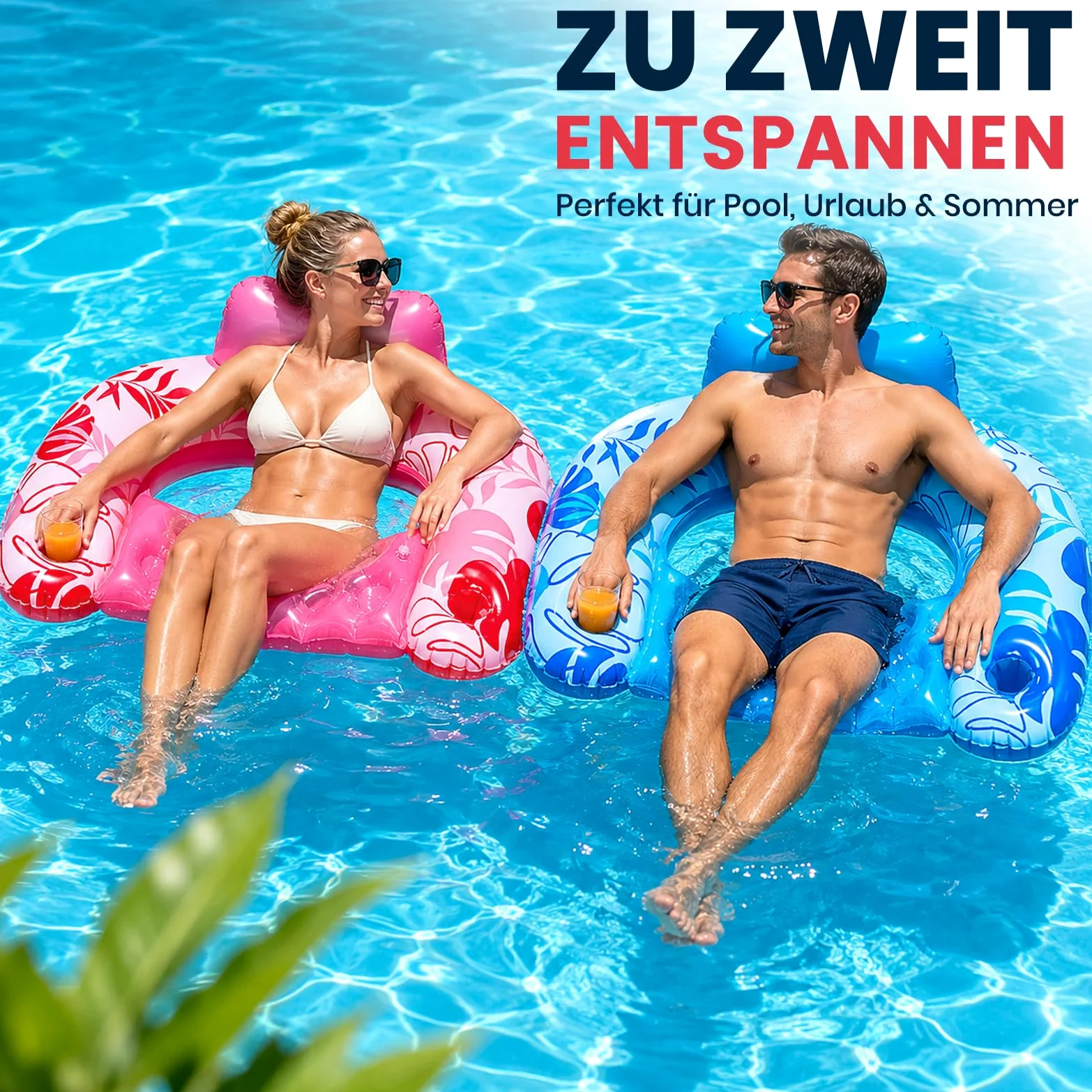 Colchón de aire para piscina, juguete de agua para adultos - Sillón portavasos | Hamaca hinchable para piscina, 2 unidades, color azul y rosa