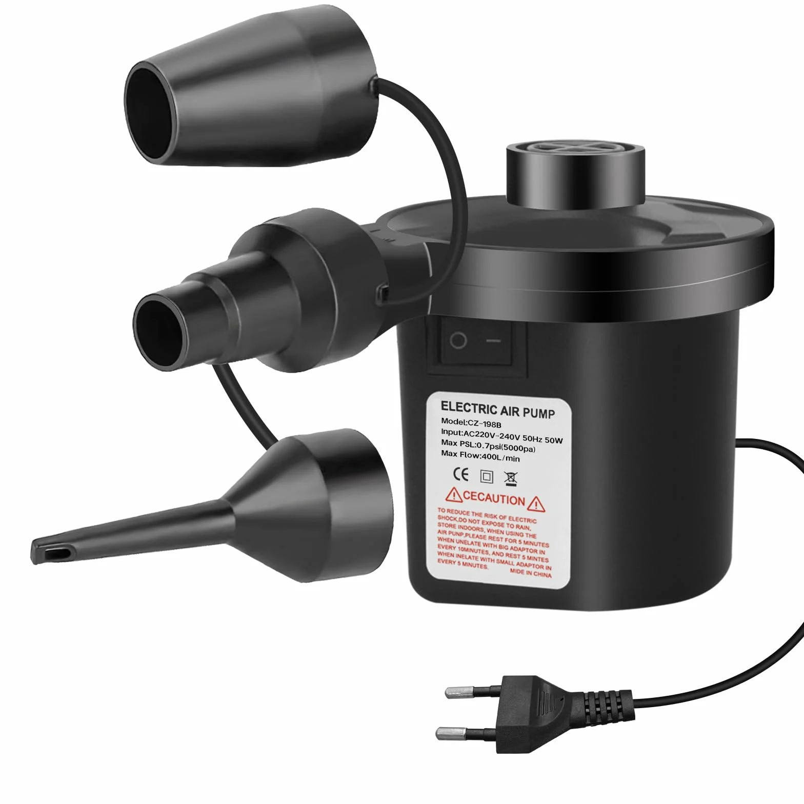 Inflador Eléctrico Portátil 220-240V AC 2 en 1 con 3 Boquillas