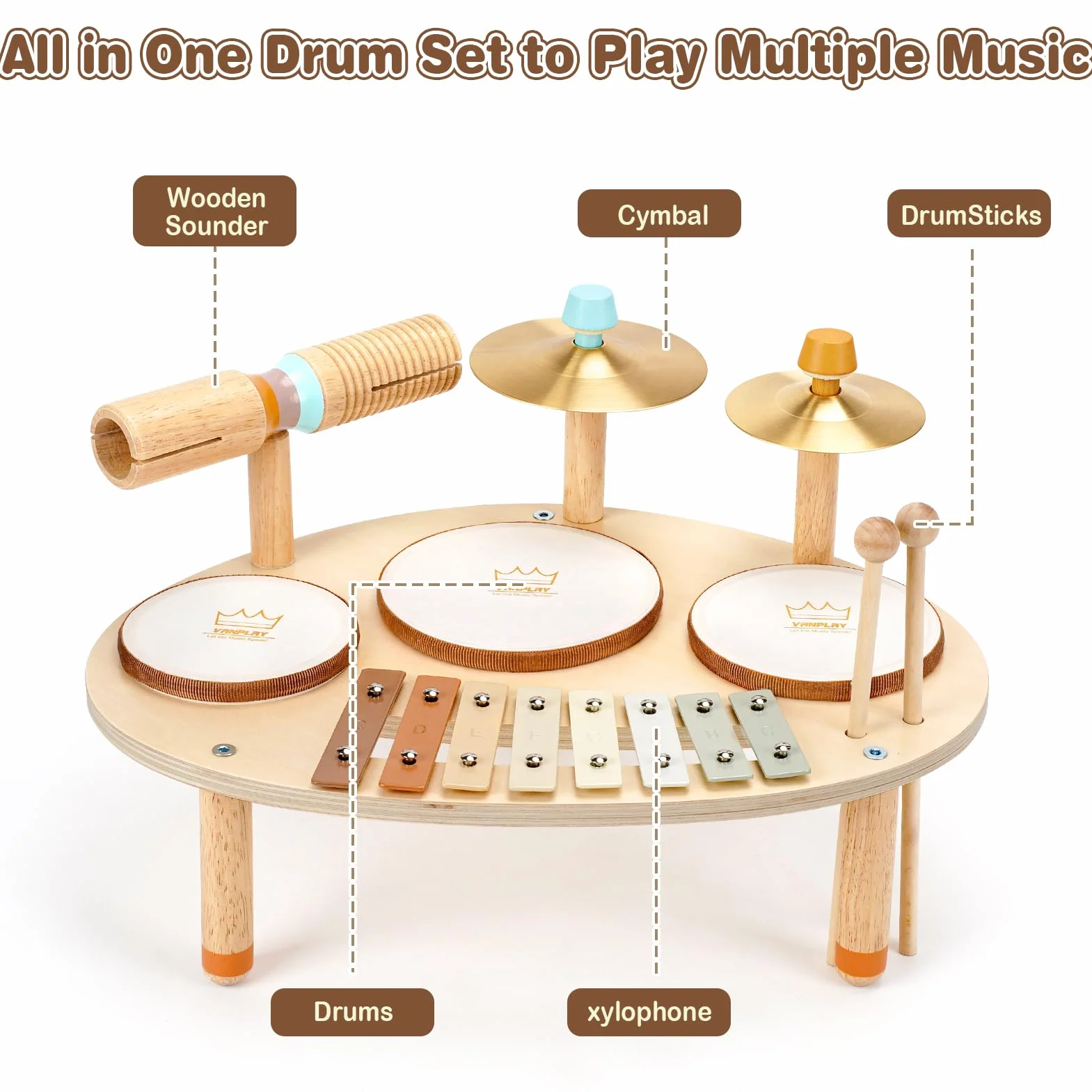 Vanplay Juguetes Niños 3 Años Tambor Infantil 9 IN 1 Juguetes de Madera Instrumentos Musicales Infantiles Regalo Niño 3 4 5 Años