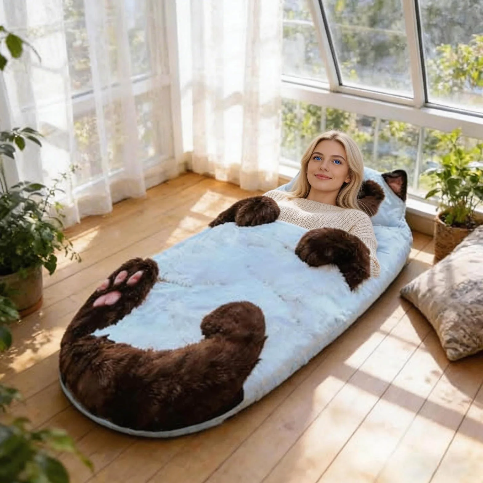 Saco de dormir de felpa con estampado de gato, saco de dormir de animales adultos, diseño de sobre de felpa gigante, lavable a máquina, manta cálida con temática de gato lindo para el hogar, camping