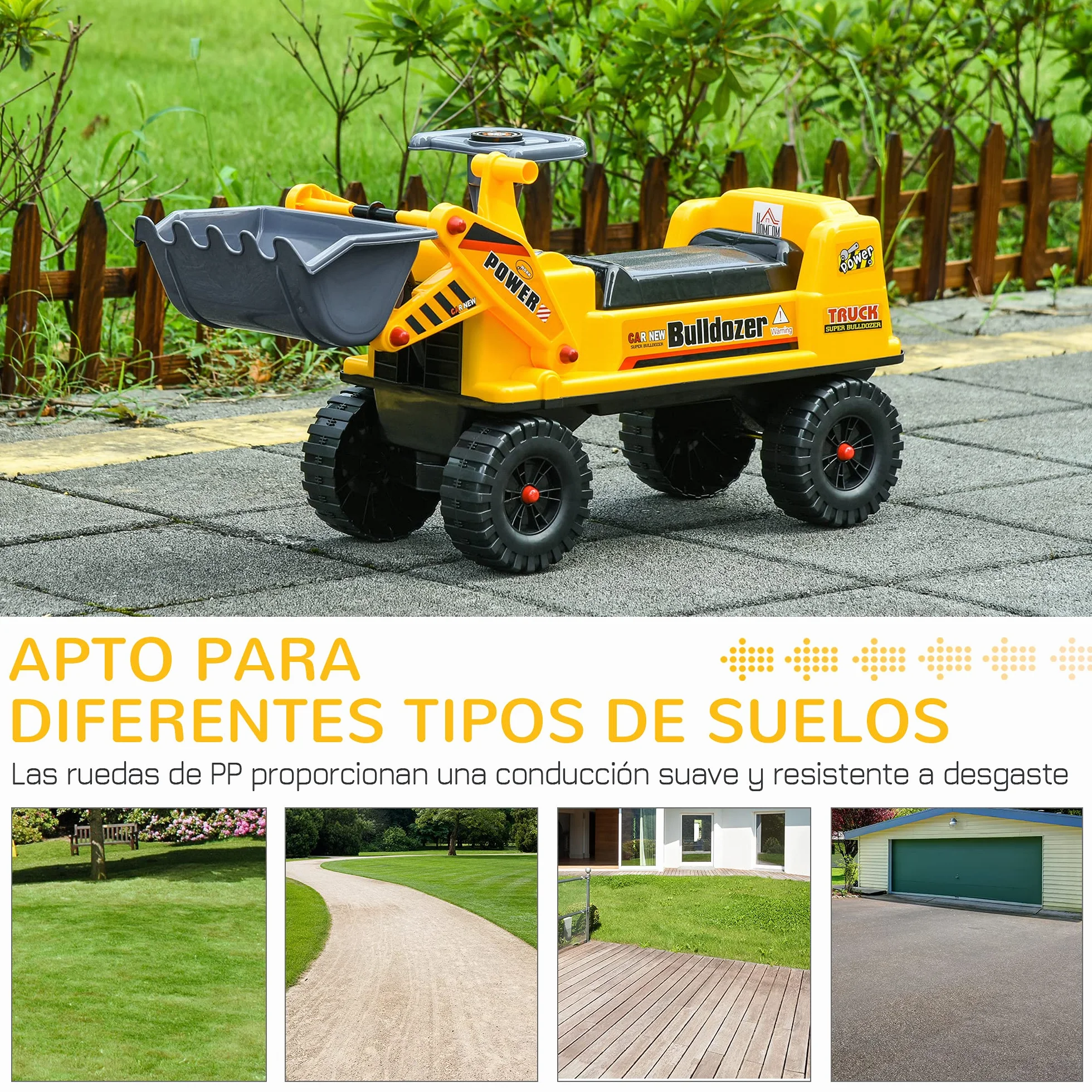 HOMCOM Camion Correpasillos Tractor sin Pedales para Niños de 2-3 Años con Pala Excavadora Espacio de Almacenaje Oculto y Bocina 70x26x37 cm Amarillo