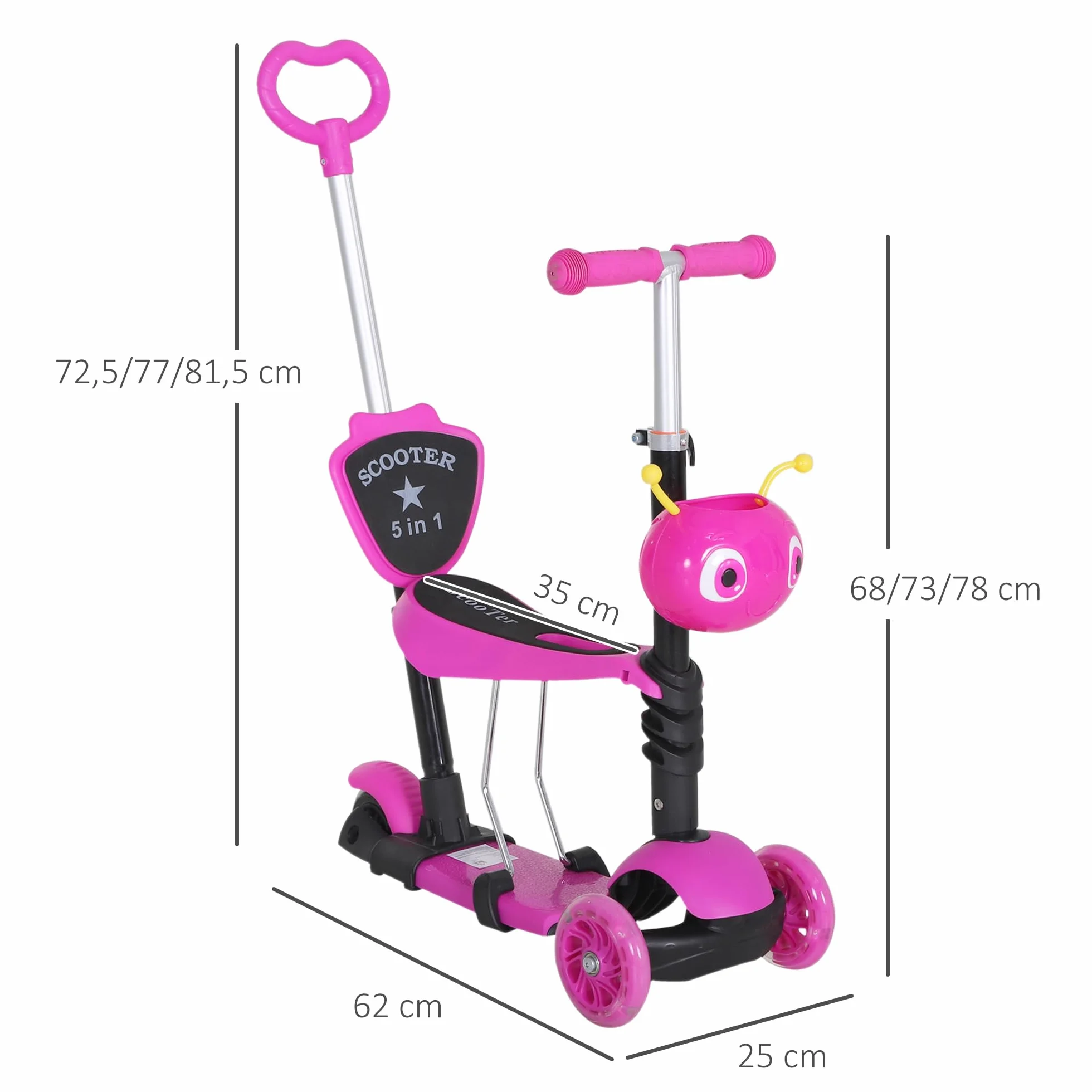 HOMCOM 3 en 1 Patinete para Niños de +18 Meses Scooter de 3 Ruedas con Asiento Extraíble Manillar Mango de Empuje Altura Ajustable 62x25x72,5 cm Rosa