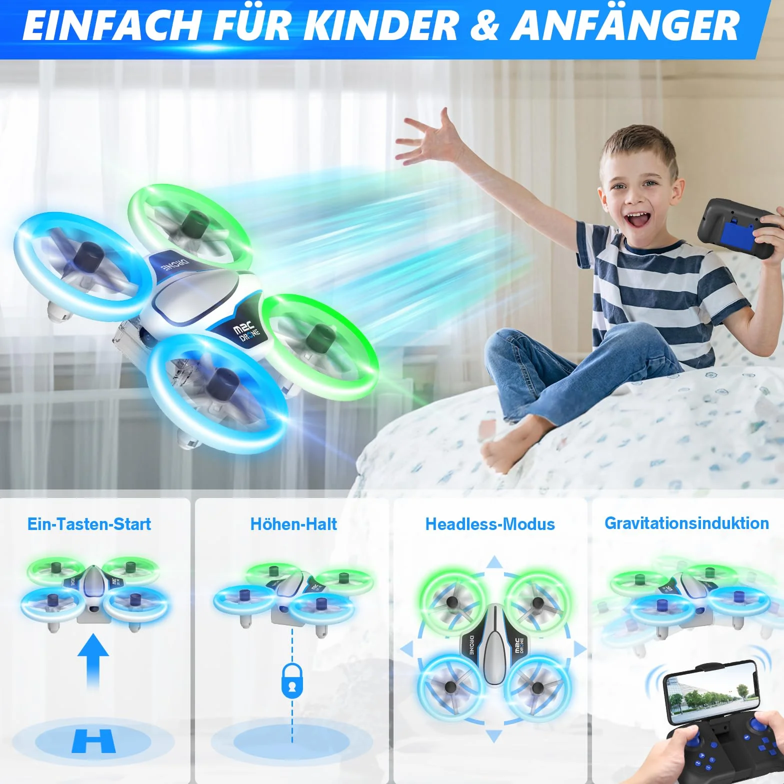 Mini Drone para Niños con Camara 1080P, Drone Quadcopter con Luces, RC Helicopteros con Vuelo Automático,Modo sin Cabeza,3D Flip y 3 Baterías,Quadcopter Regalo para Niños y Principiantes