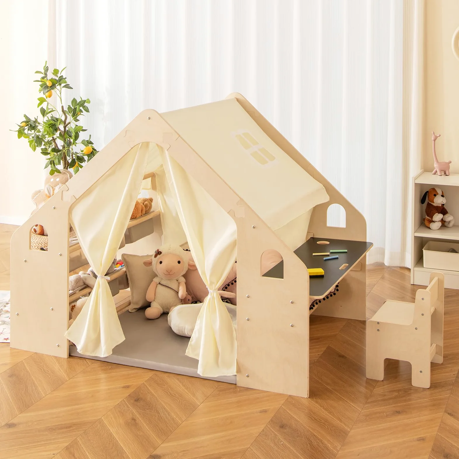 HOMASIS 5 en 1 Tienda de Campaña Infantil con Mesa y Silla, Tipi Infantil con Alfombrilla y Pizarra y Caja de Almacenamiento y Caja de tizas, para Niños de 2-6 Años (con 6 Caja)