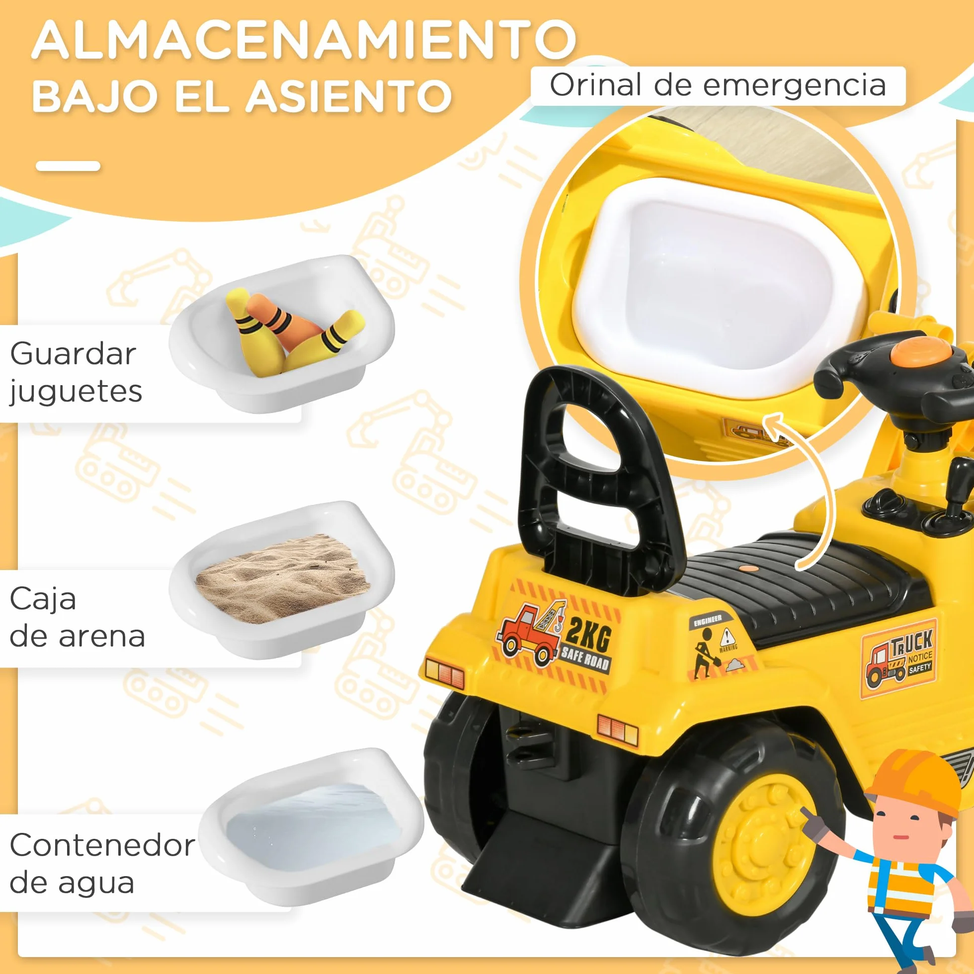 HOMCOM Tractor a Pedales para Niños de 18 a 48 Meses, Excavadora para Niños con Pala Delantera, Bocina, Volante y Compartimento Oculto bajo el Asiento, Carga 30 kg, 80x26,5x39 cm, Amarillo