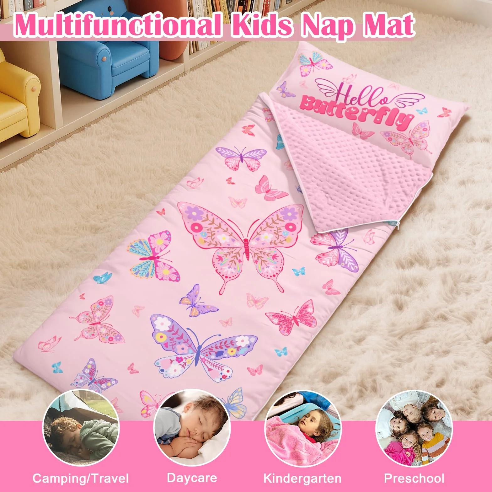 decalsweet Saco de Dormir Infantil con Almohada Extraíble, Cálida Plegable Alfombrilla de Siesta para Niños y Niñas, Bolsa de Dormir con Cremallera para Camping Siesta, 150×60cm