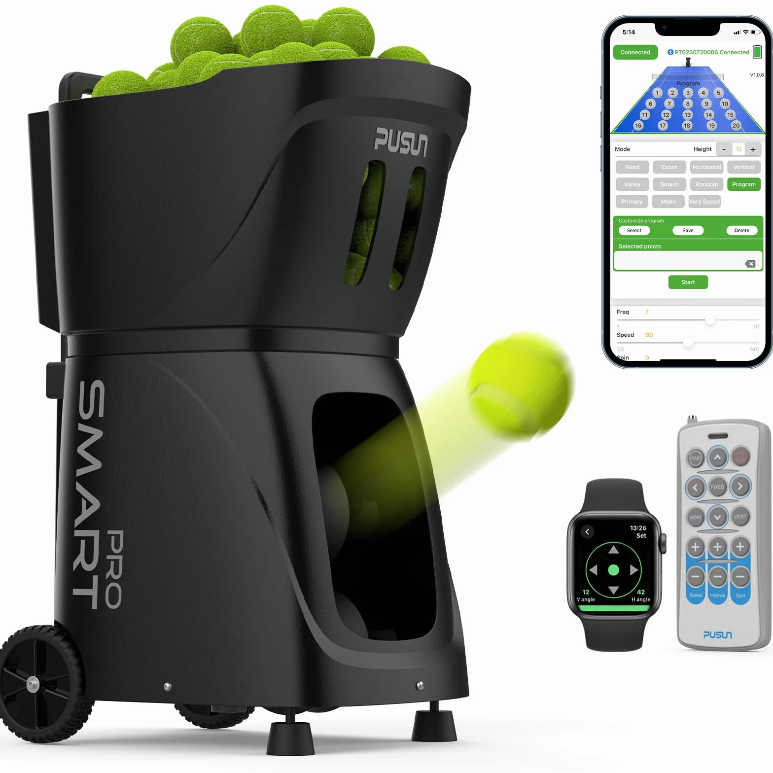 PUSUN PT-Smart Pro Máquina Lanzapelotas de Tenis Profesional Control App Remoto 12 Modos Entrenamiento 4-6 Horas Batería