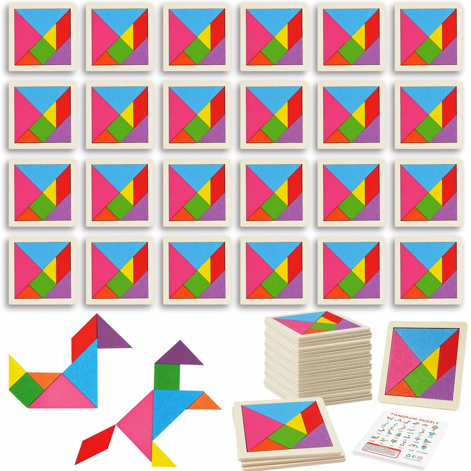 Ainiv 24PCS Tangram Infantil Puzzle Madera Montessori Rompecabezas Educativos para Niñas y Niños