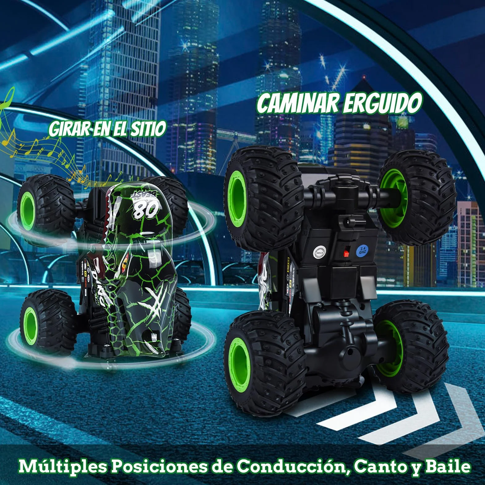 IEEILULU Coche teledirigido dinosaurio, todo terreno RC Cars con rotación de 360°, luz LED, RC Monster truck recargable, juguete de dinosaurio, regalo para niños a partir de 3, 4, 5, 6, 8, 10 años