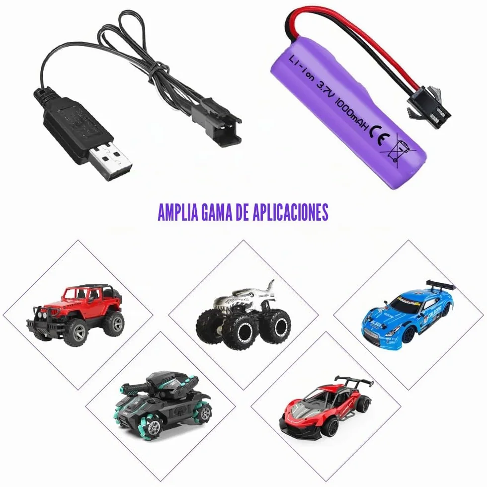 2 Piezas de 1000mAh 3.7V RC Batería, Baterías de Litio Recargables con Cable de Carga UBS Conector SM-2P, Batería Li-Ion Universal Compatible para Vehículos RC, Barcos, Tanques, Coches, Robots