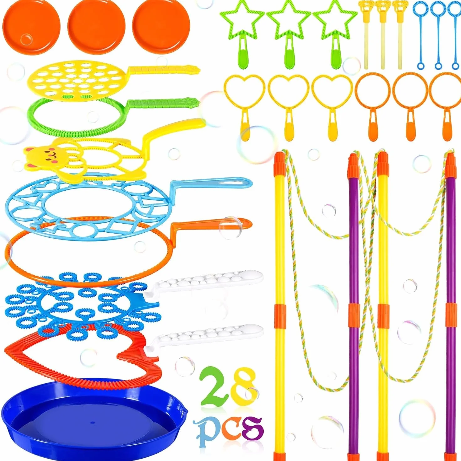 Kit de Pompas de Jabon, 28 Piezas Varita de Burbujas Juego de Pompas Gigantes de Jabón para Niños, Maquina de Burbujas para Juegos al Aire Libre para Niños, Playa, Picnic, Fiestas, Cumpleaños