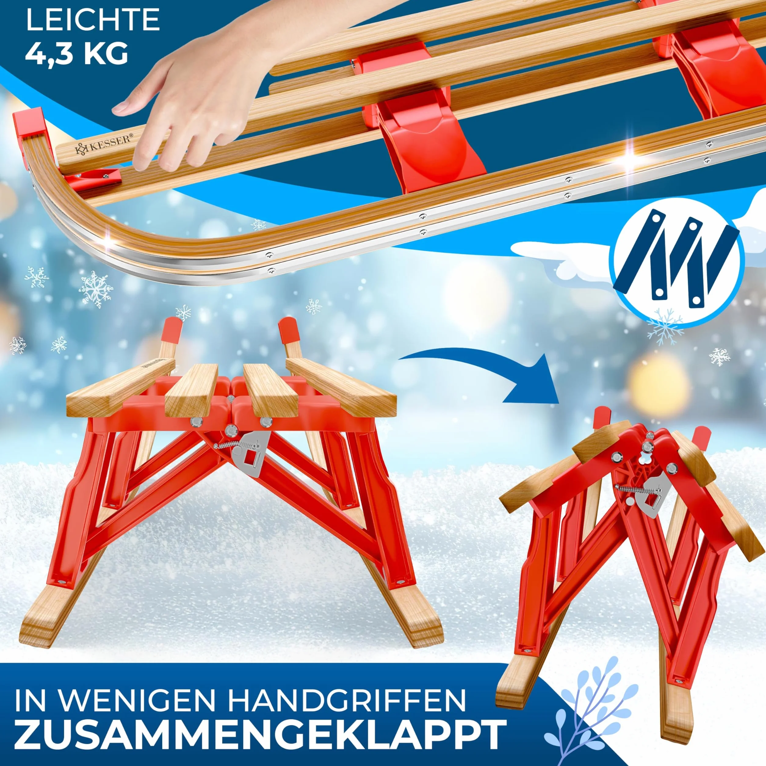 KESSER® Trineo de Madera Premium, Trineo Plegable para niños, Trineo de Madera de Haya Plegable para niños con Cuerda de Arrastre y Cuchillas de Metal.