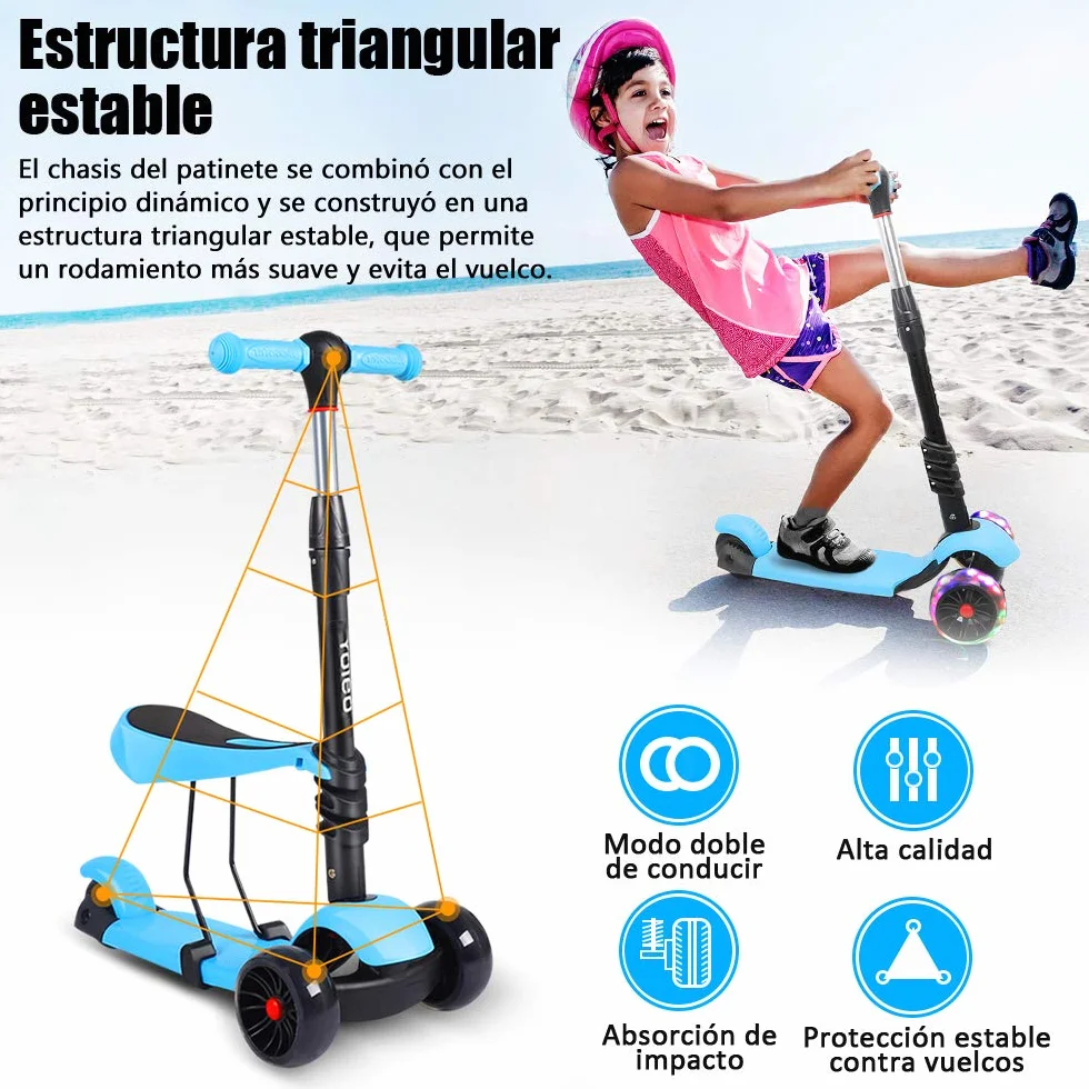 YOLEO Patinete para Niños 3-en-1, Scooter 3 Ruedas LED Parpadeantes, Scooter para Niños con Manillar Ajustable Asiento Extraíble de 2 a 8 años, Carga Máxima de 50 kg (Azul)