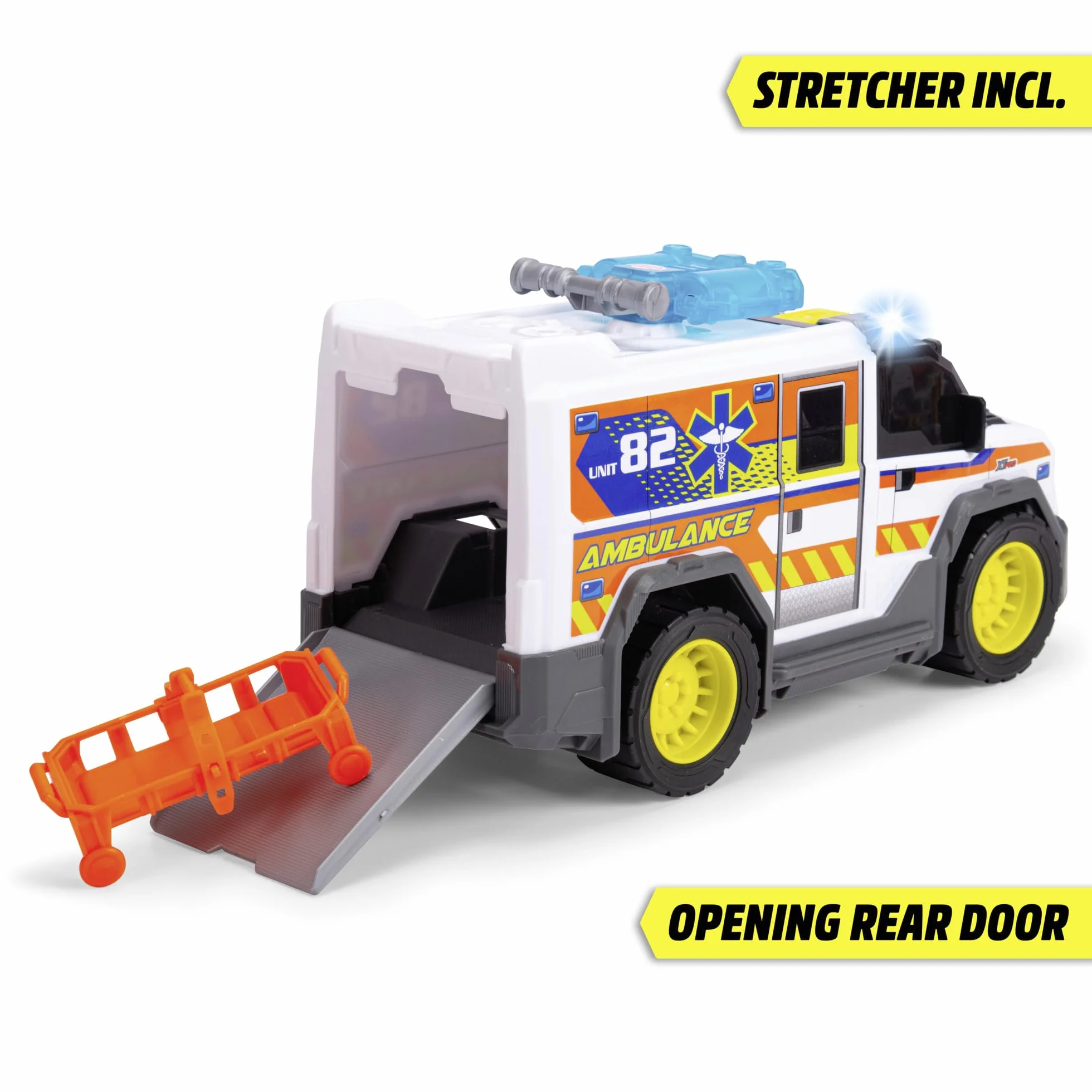 Dickie Toys City Heroes Ambulancia 30cm con luz y Sonido, rampa para Camilla,Compartimento de almacenaje y Lanzador de Discos. A Partir de 3 años (203306024)