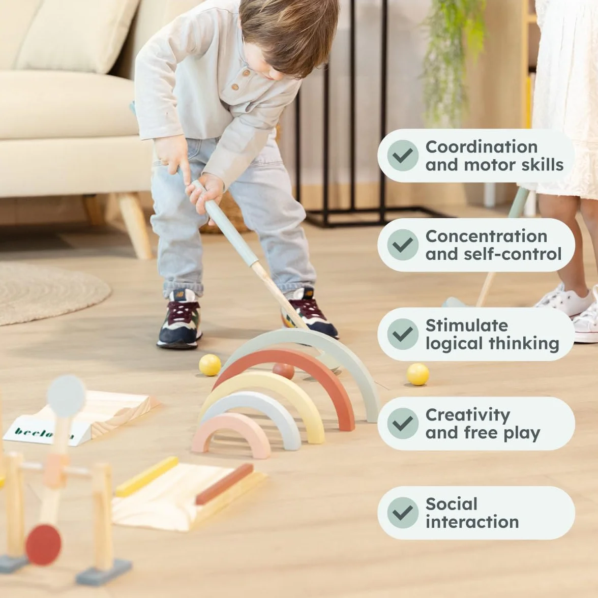 Beeloom – Mini Golf de Madera para Niños, Juego Educativo con Palos, Bolas y Obstáculos, Portátil para Interior y Exterior, Juguete Simbólico Multicolor, +3 Años