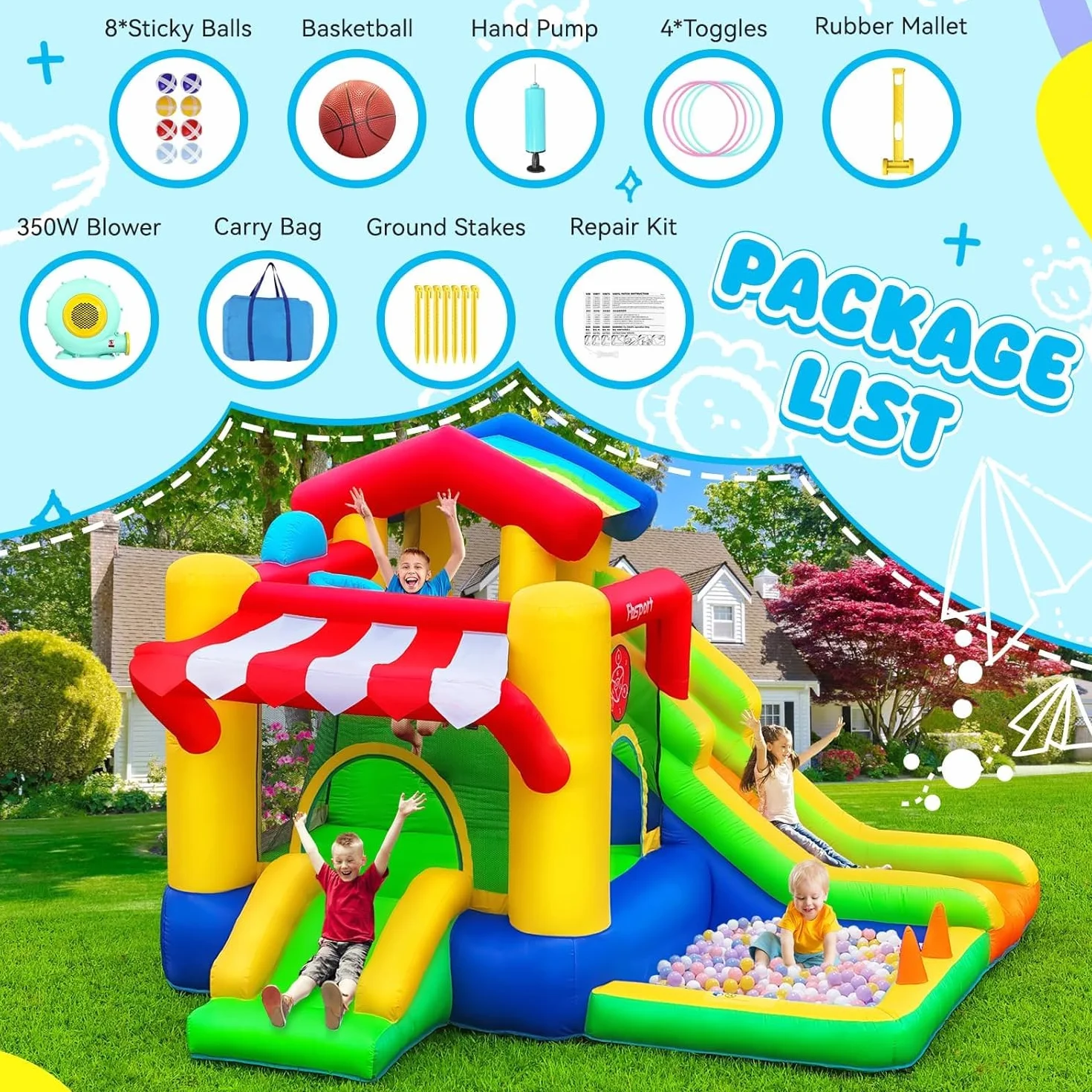 FBSPORT Castillo Hinchable para Niños con Doble Tobogán, Trampolín, Piscina de Bolas, Lanzamiento de Bolas, Muro de Escalada y Canasta de Baloncesto, para Jardín Interior Exterior, 322×305×208 cm