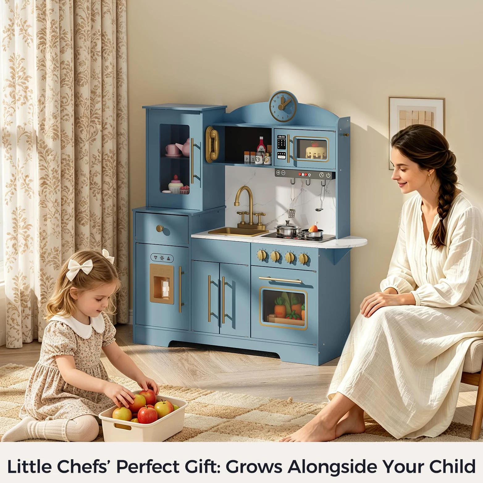 Cocinita Infantil, Cocina Juguete, Cocina Infantil de Madera, Cocina Grande de Imitación con Horno,Microondas y Fregadero,para Niños Desde 3 Años,Cocina de Juguete para Interior/Exterior, 100x86x30cm | Juguete de cocina con juego de cocina, cocina para ni