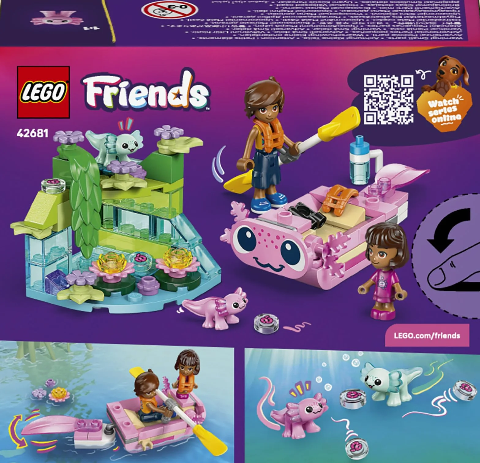 LEGO Friends Aventuras en el Barco-Ajolote de Juguete - 2 Mini Muñecos, 2 Figuras de Animales Adorables, Plantas, Flores y Accesorios - Regalo de Cumpleaños para Niñas de 5+ Años - 42681