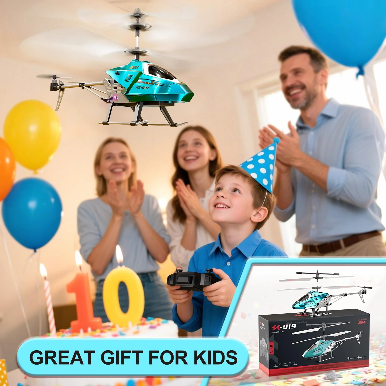 XIKOTEC Helicóptero Teledirigido para Niños, RC Helicóptero con 2 Baterías, Mantenimiento de Altitud, Luz LED y 3 Carcasas Metálicas Intercambiables, Avión Teledirigido 2.4GHz para Principiantes
