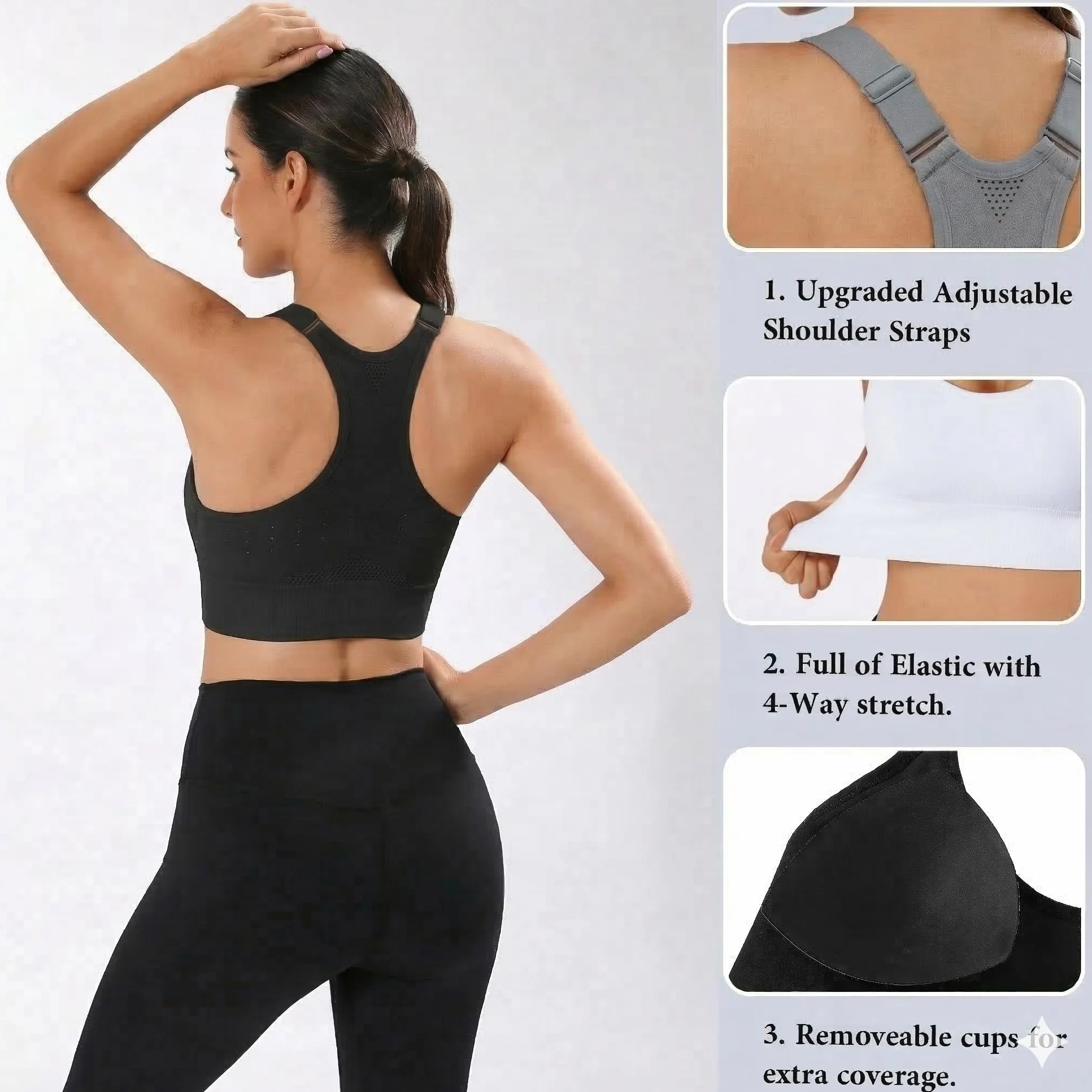 Sujetador Deportivo Mujer Soporte Medio Sin Aros con Almohadillas Extraíbles Transpirable Yoga Fitness Running S-XXL