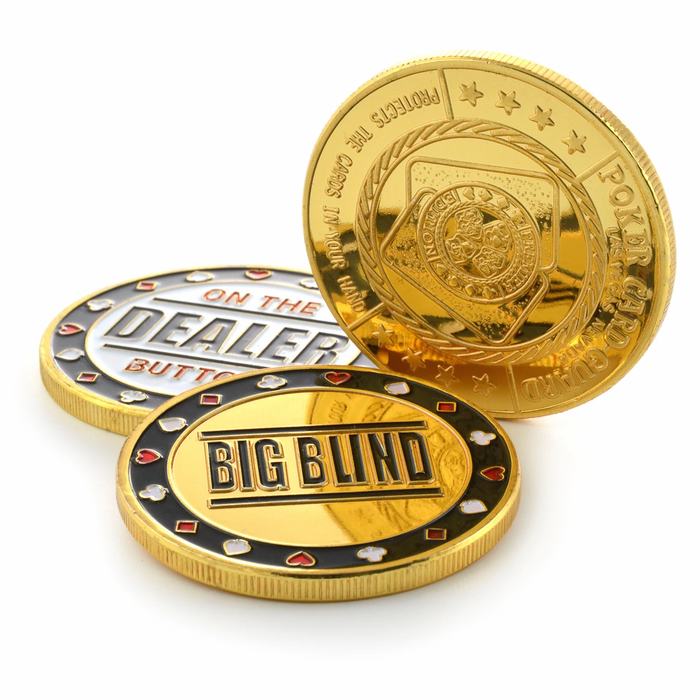 Ganzoo Juego de 3 Monedas para Poker en Estuche, Dealer Button Small Blind Big Blind, Metal Macizo con Relieve 3D en ambas Caras y Detalles, Bordes estriados para Agarre Firme, 40 mm, Espesor 3,1 mm