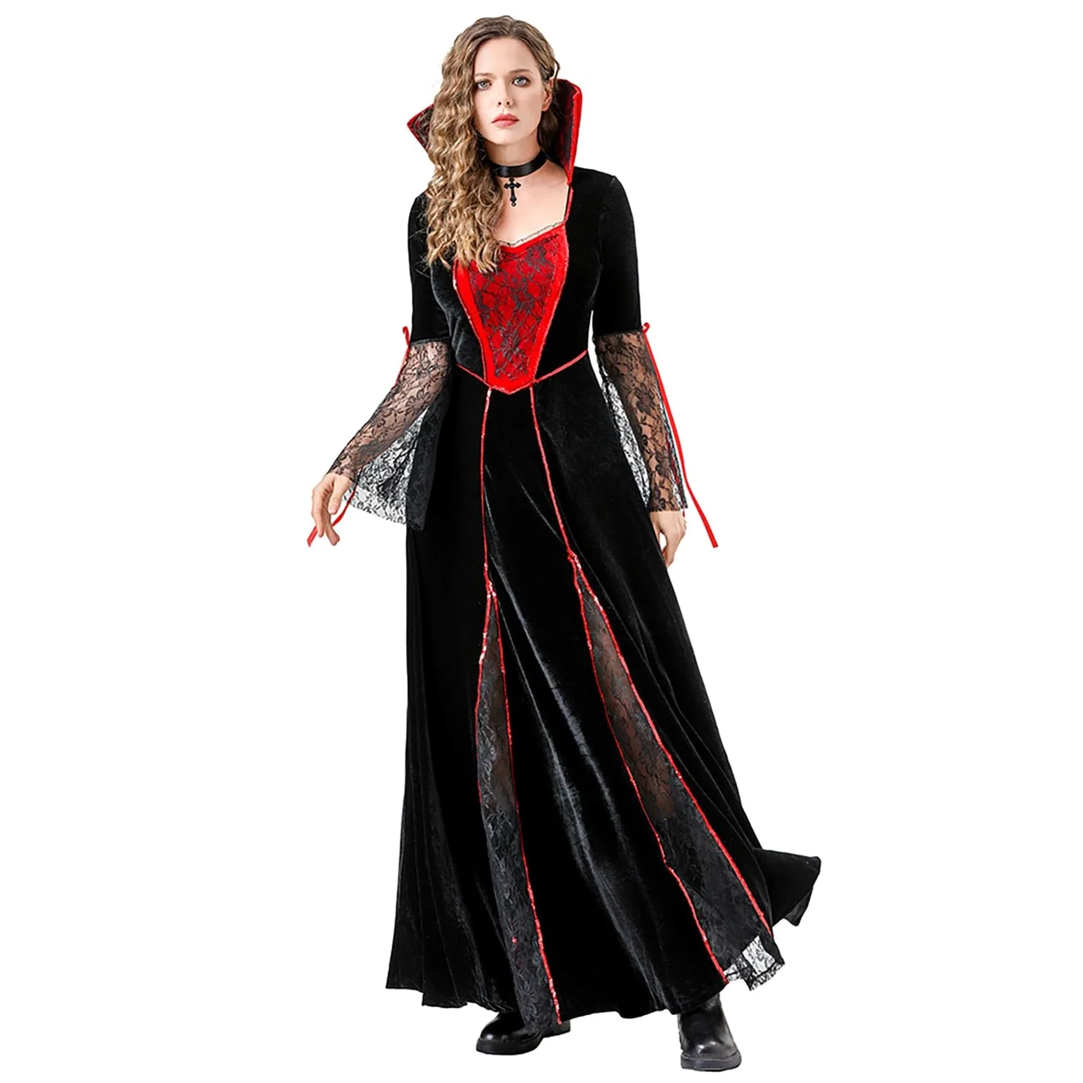 Disfraz medieval para mujer, bruja, cuello de pico, manga larga, vestido maxi para Halloween, cremallera, escenario, disfraz, pirata, renacimiento, Halloween, cosplay, carnaval, disfraz, rockabilly