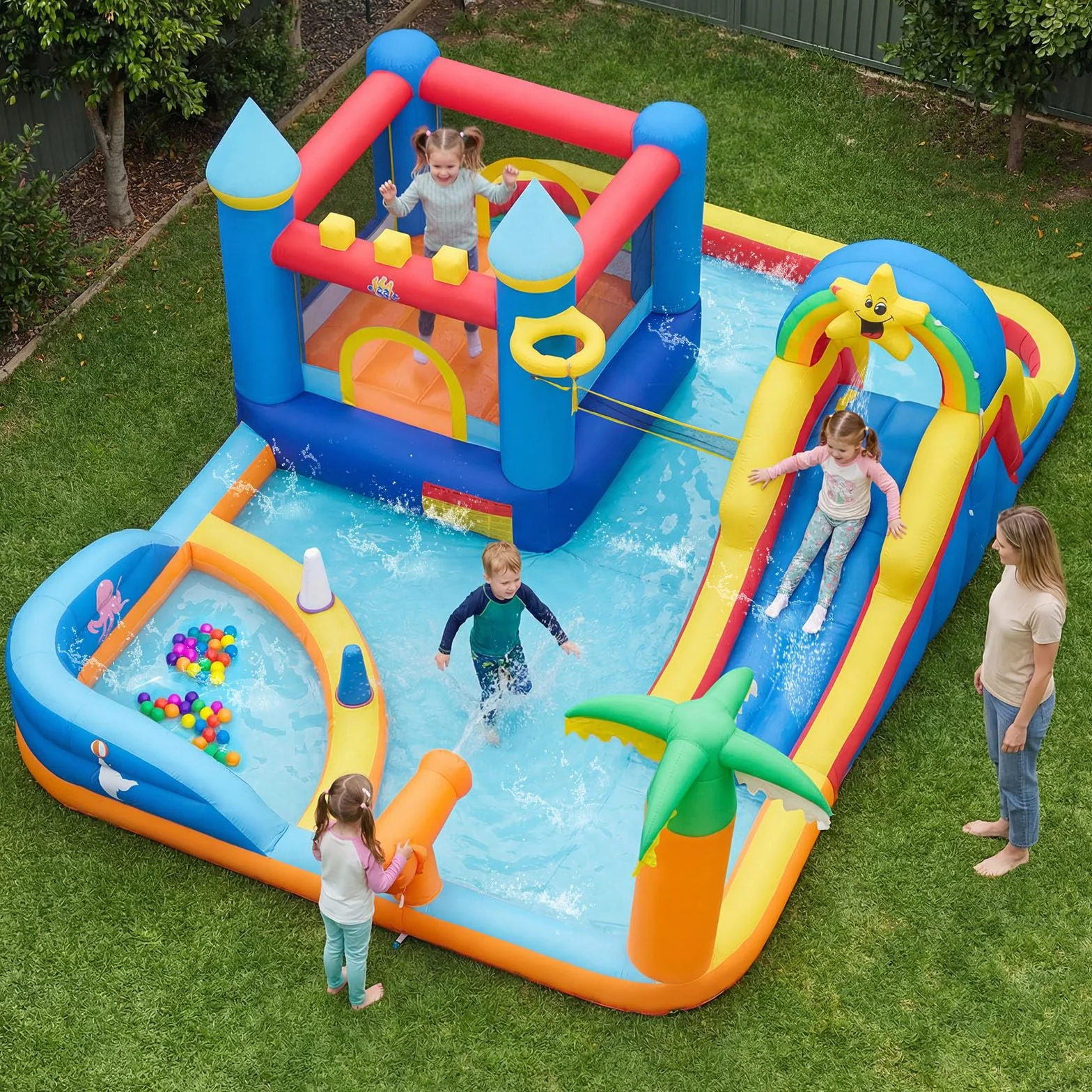 COSTWAY Castillo Hinchable, Parque Infantil con Temática de Playa con Muro de Escalar, Cañón de Agua, Pelotas Oceánicas, Fútbol, Baloncesto, Voleibol, Castillo Inflable al Aire Libre (sin soplador)