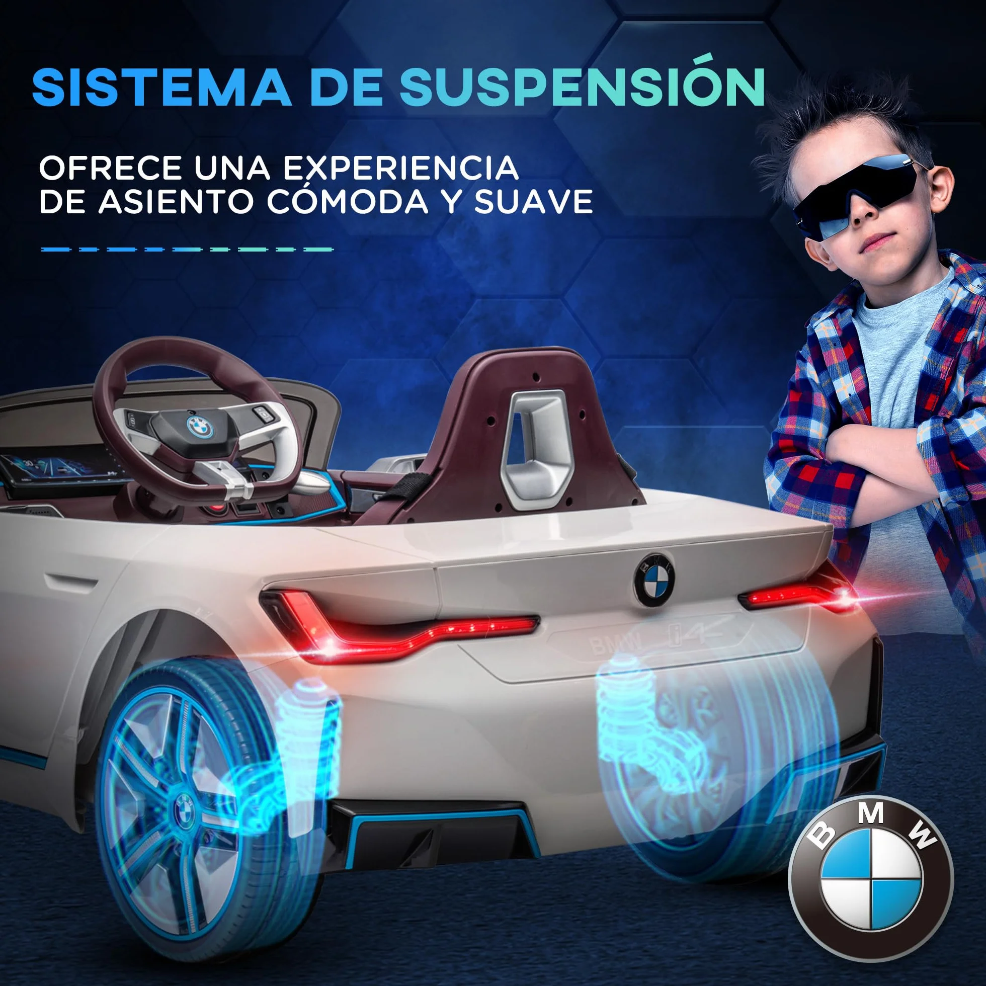 HOMCOM Coche Eléctrico para Niños BMW I4 12V con Control Remoto Música MP3 Pantalla Luces 115x67x45 cm Blanco