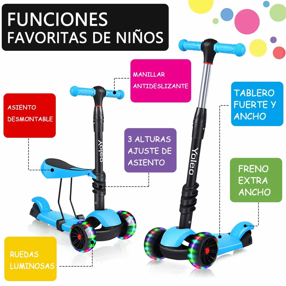 YOLEO Patinete para Niños 3-en-1, Scooter 3 Ruedas LED Parpadeantes, Scooter para Niños con Manillar Ajustable Asiento Extraíble de 2 a 8 años, Carga Máxima de 50 kg (Azul)