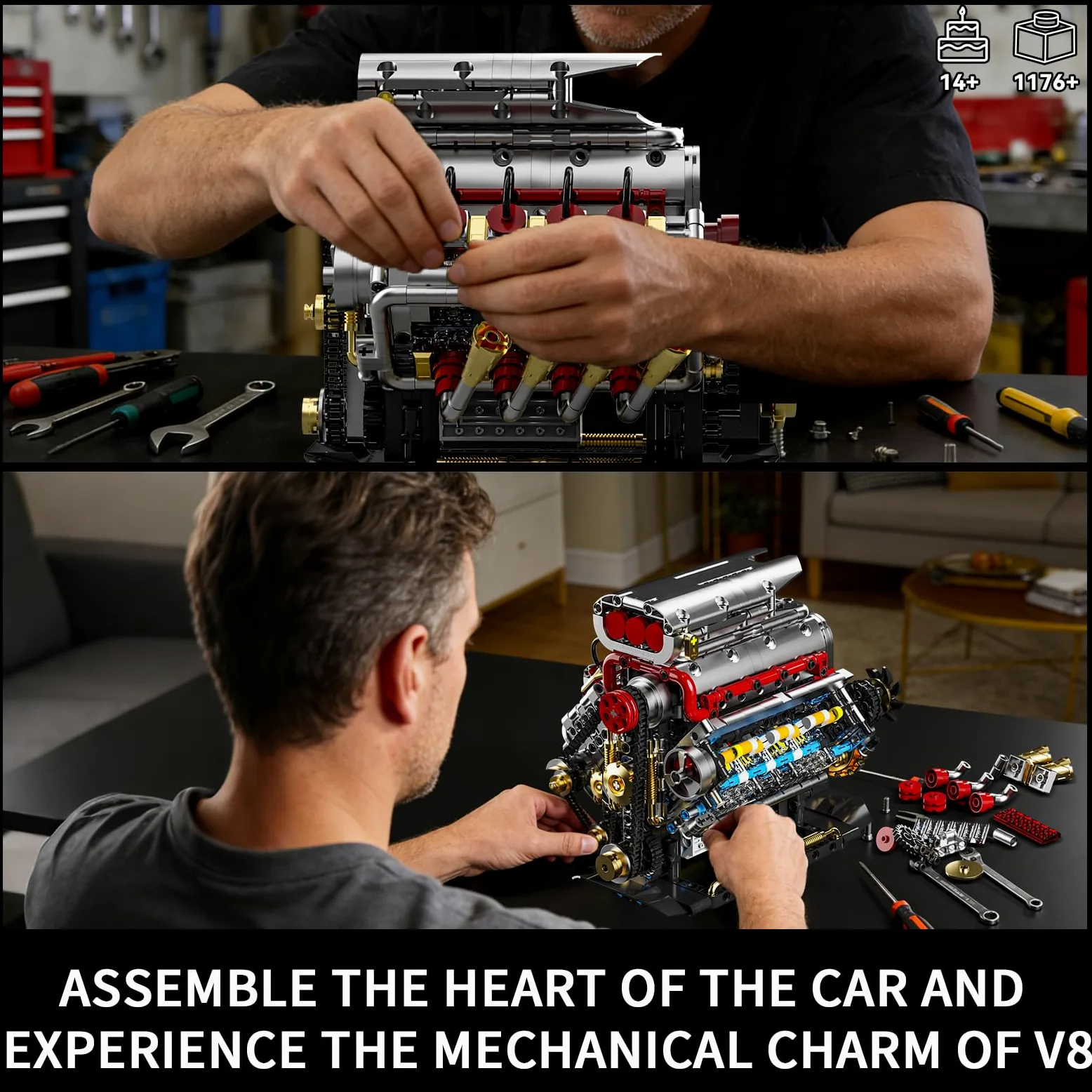 Juego de bloques de construcción de motor Technik V8, Ideas V8, juego propio para adultos, compatible con Lego, STEM, juguete regalo para fans de coches y niños a partir de 14 años (1176 piezas)