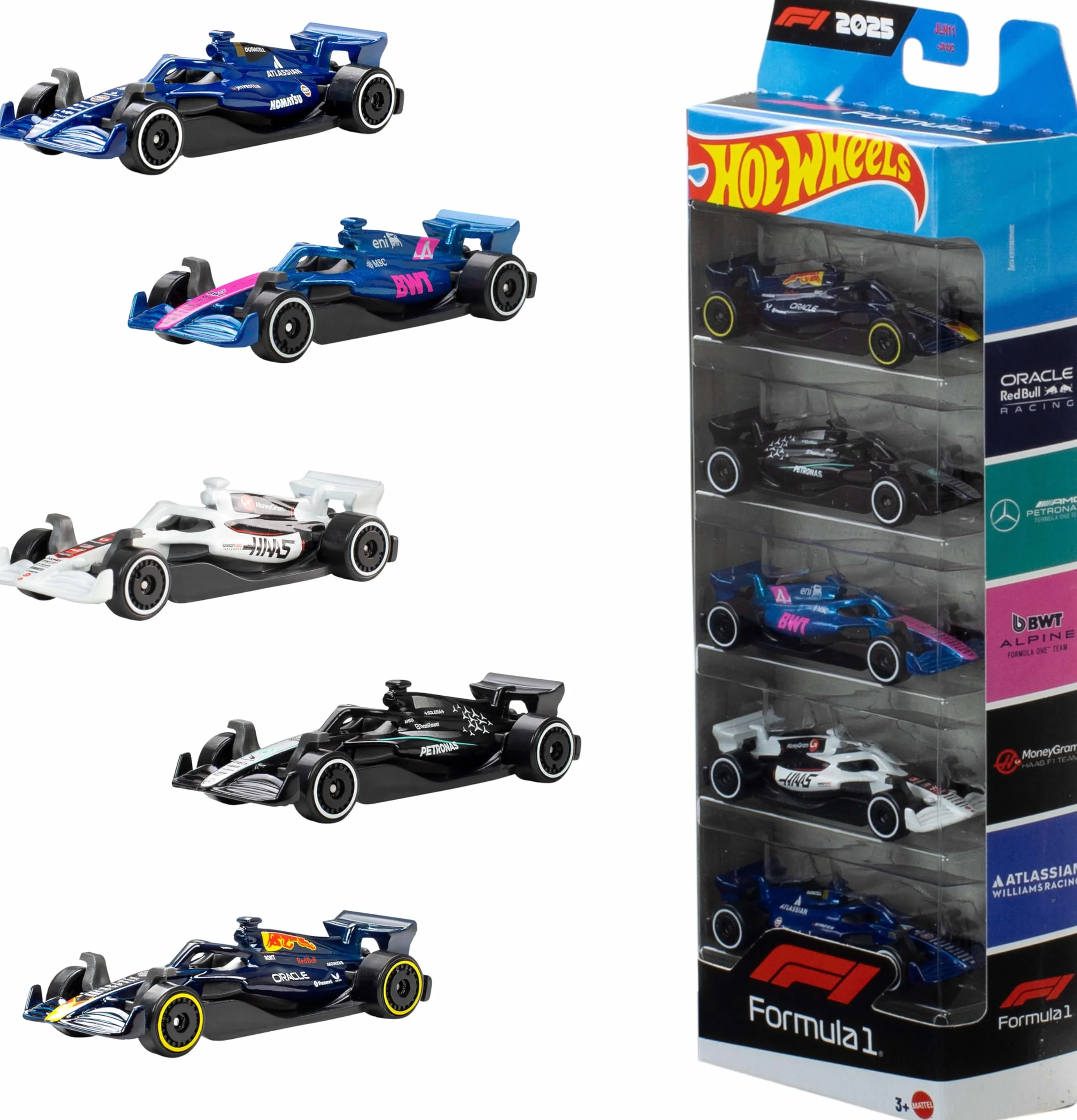 Hot Wheels Formula 1 Pack de 5 Coches de Juguete metálicos a Escala 1:64, Conjunto de 5 Coches coleccionables de F1 con Licencia Oficial para Jugar o exponer, JLN11