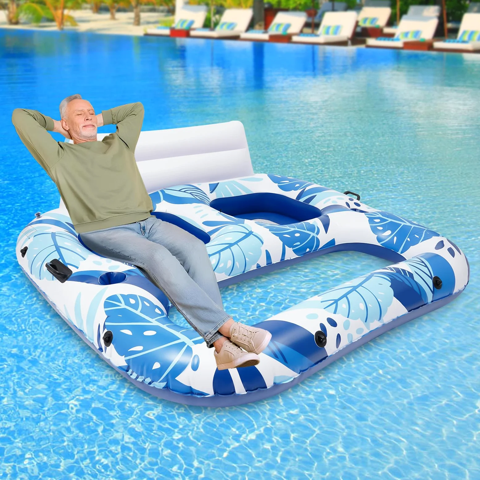 Sillón de piscina hinchable para 2 personas, colchón de aire de vacaciones para adultos con red, silla de piscina grande, tumbona de agua con soporte para bebidas y asa, azul cielo, 165 x 152 x 55 cm